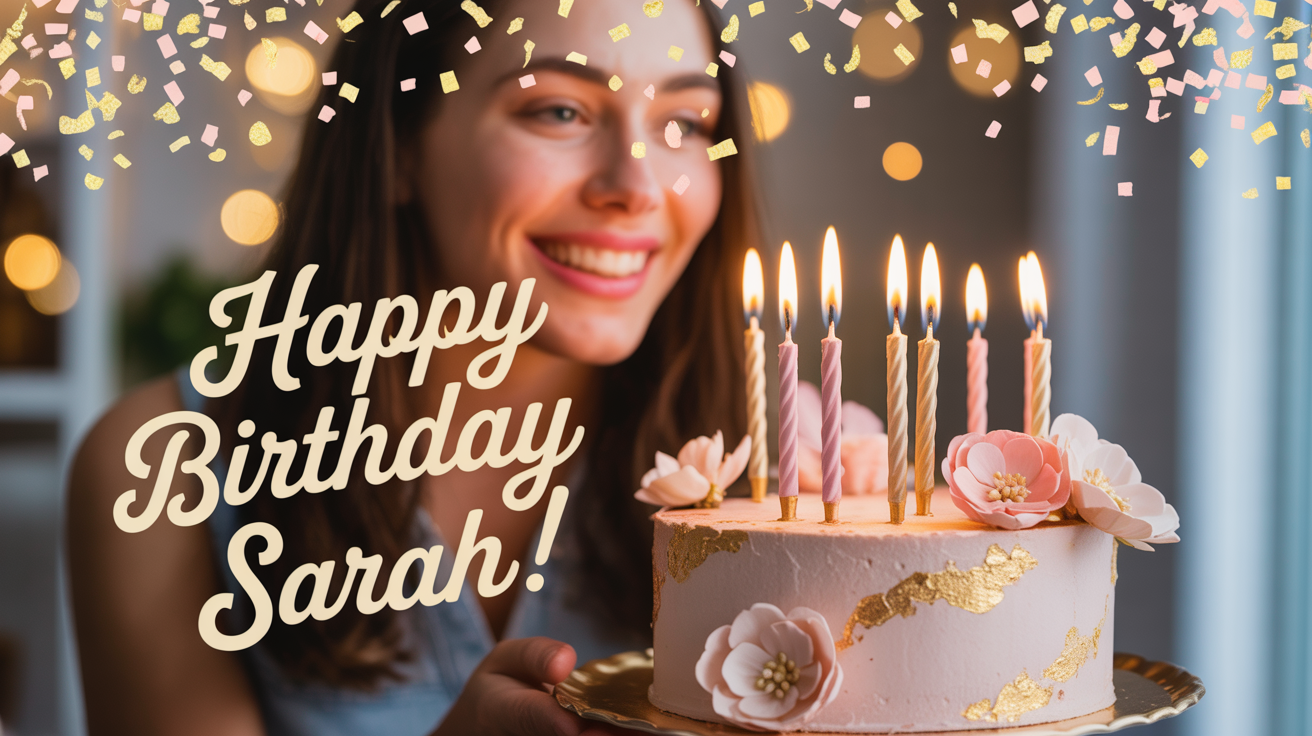 A mockup of a birthday photo on a white background. The photo shows a happy woman with a birthday cake, and has the text 'Happy Birthday Sarah!' written on it in a gold script font.