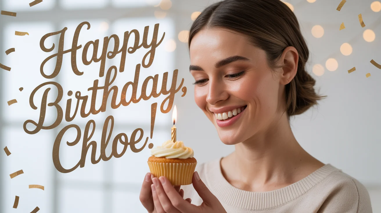 A photorealistic image of a smiling woman holding a cupcake with a candle, with the words 'Happy Birthday, Chloe!' written in gold script above her. The background is white.