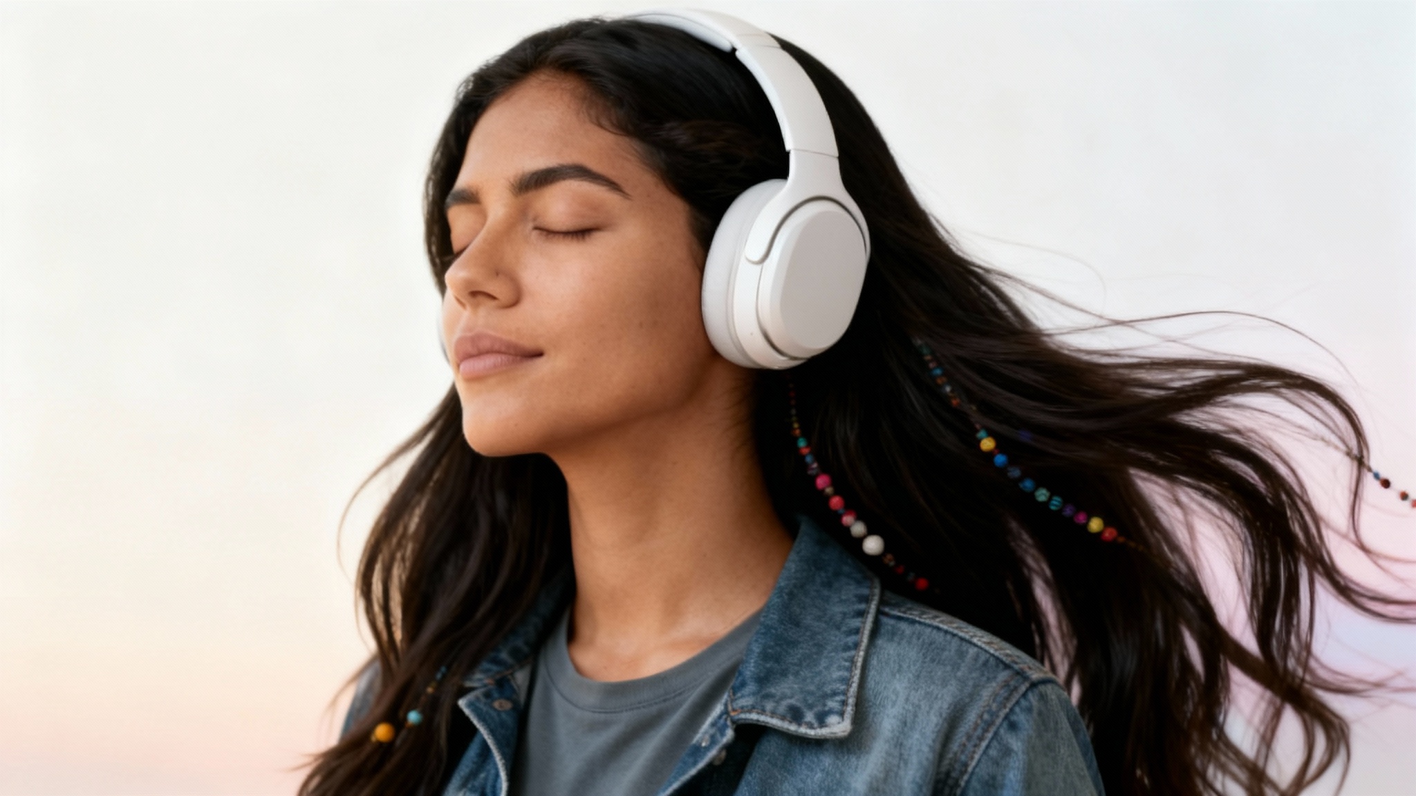 An enhanced, hyper-realistic photo of a young Hispanic woman with eyes closed, wearing stylish white over-ear headphones against a soft pastel background, representing a final design output.