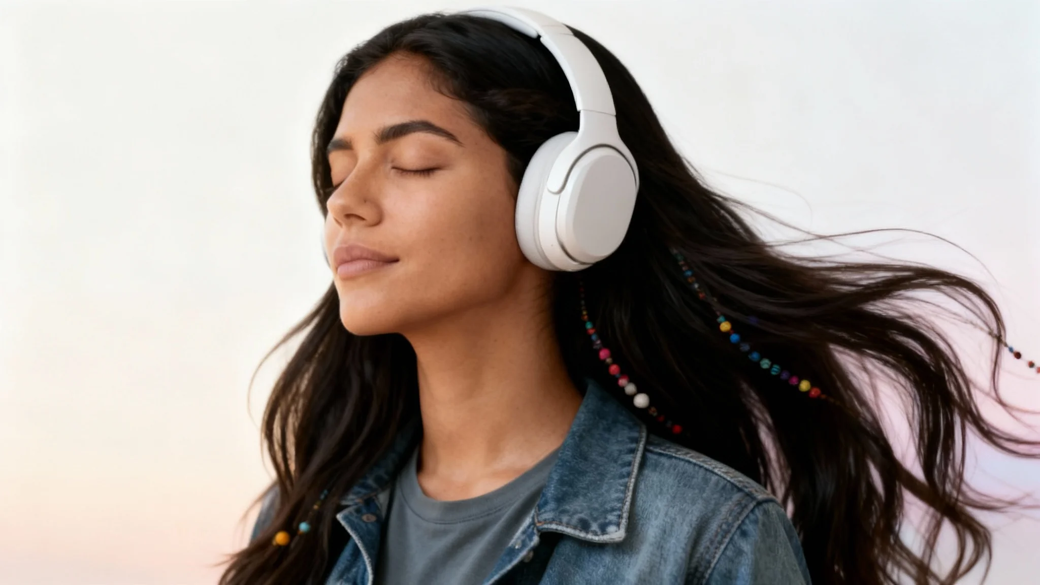 An enhanced, hyper-realistic photo of a young Hispanic woman with eyes closed, wearing stylish white over-ear headphones against a soft pastel background, representing a final design output.