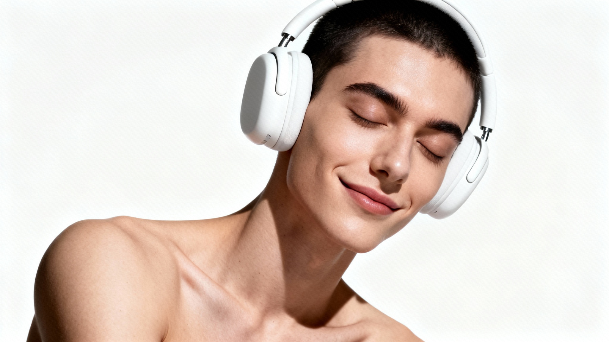 A stylish close-up portrait of a person with their eyes closed, enjoying music through modern white over-ear headphones, set against a plain white background.