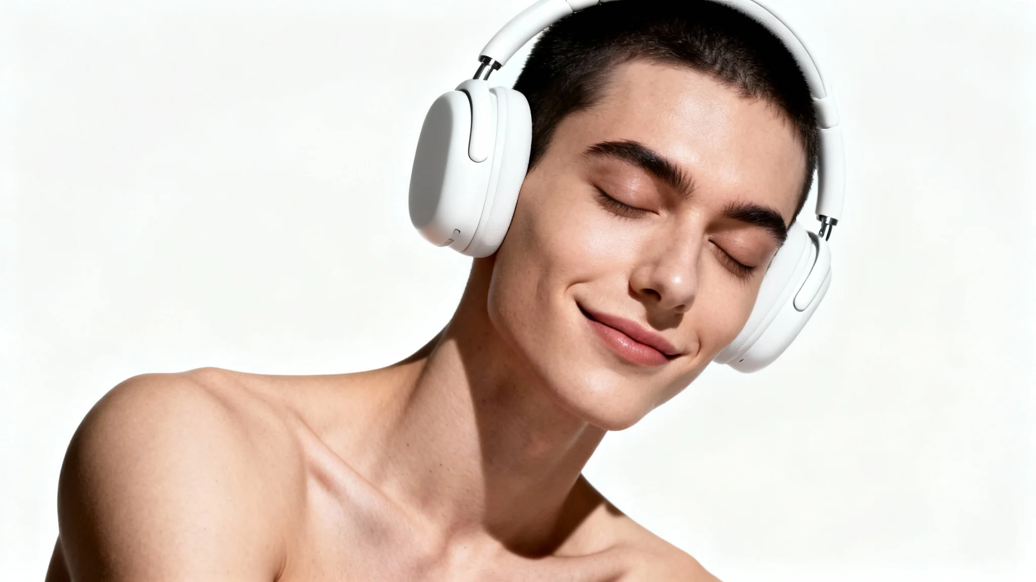 A stylish close-up portrait of a person with their eyes closed, enjoying music through modern white over-ear headphones, set against a plain white background.