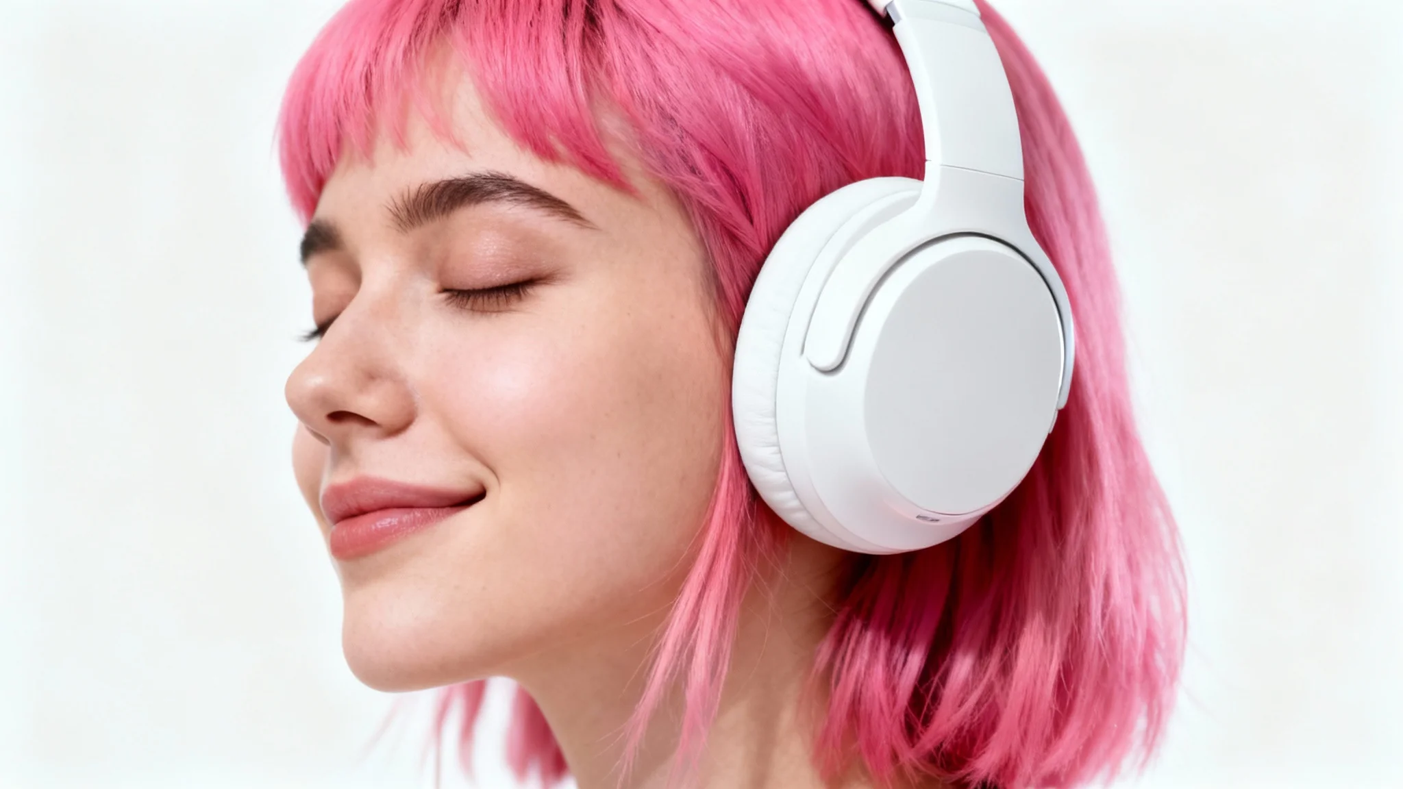 A photorealistic portrait of a young woman with pink hair enjoying music on white headphones against a plain white background.