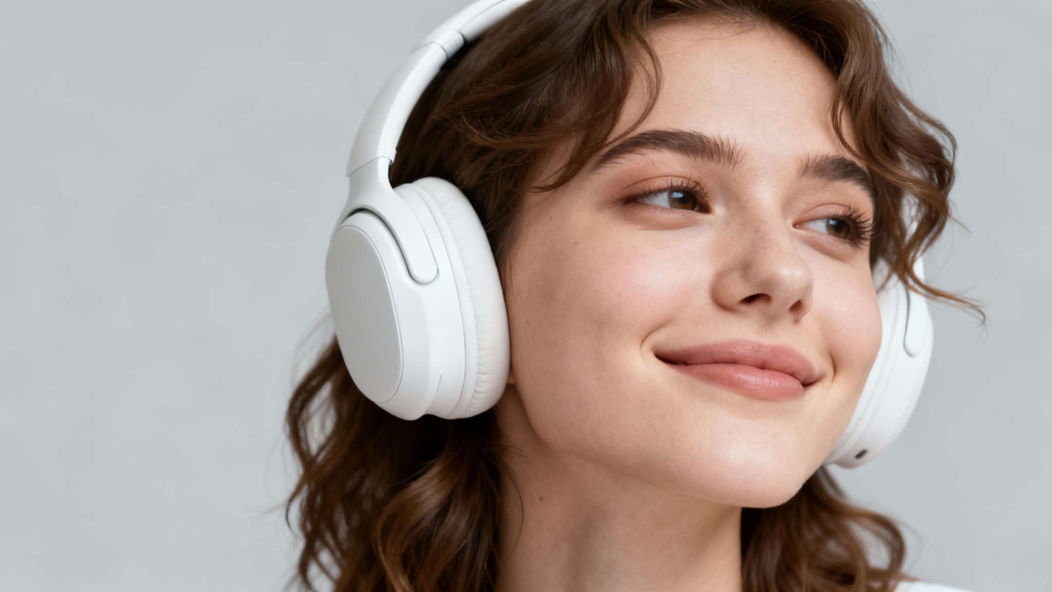 A photorealistic portrait of a young woman with a peaceful expression wearing modern white headphones, set against a solid light gray background.