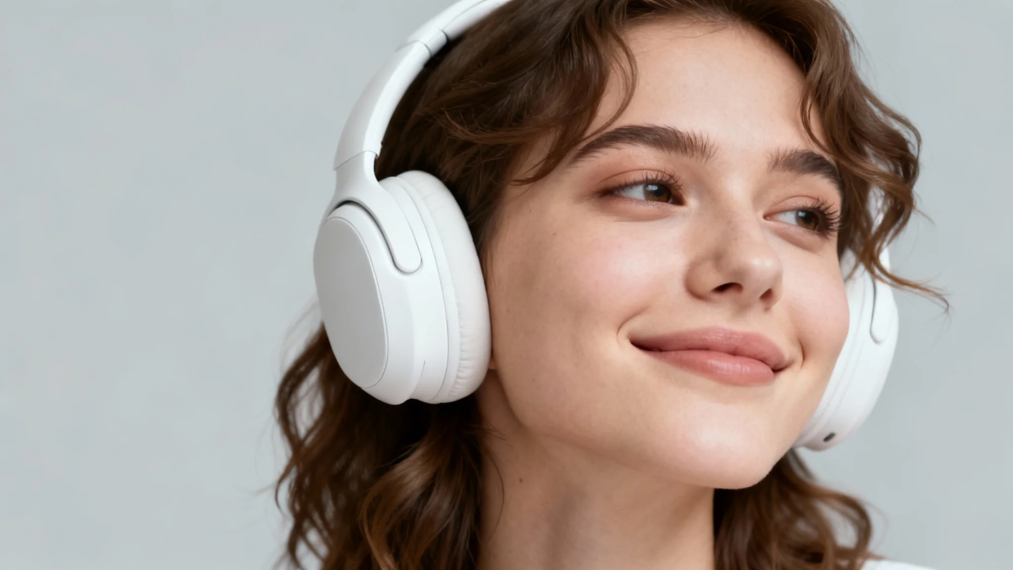 A photorealistic portrait of a young woman with a peaceful expression wearing modern white headphones, set against a solid light gray background.