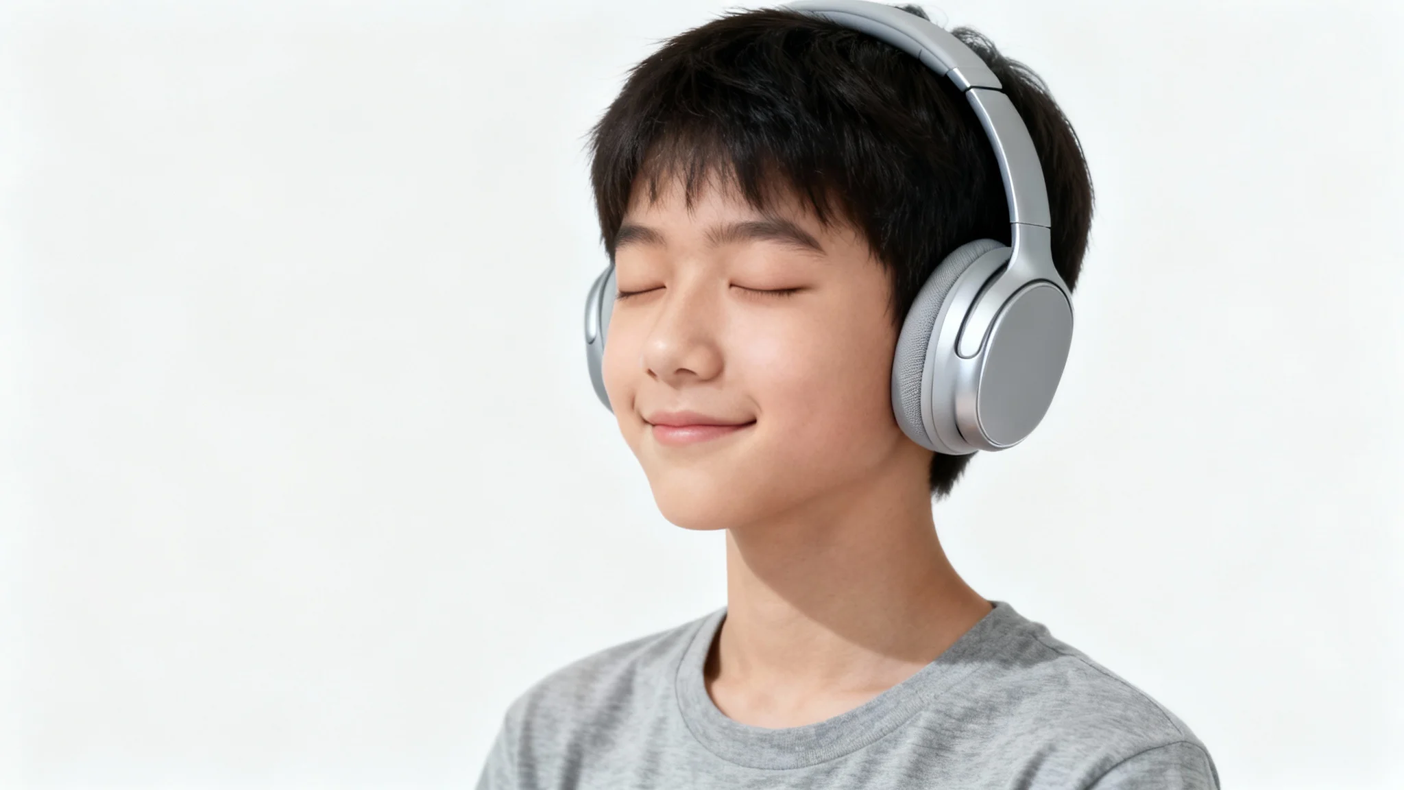 A hyper-realistic portrait of a person with their eyes closed in contentment, wearing modern silver headphones against a stark white background.
