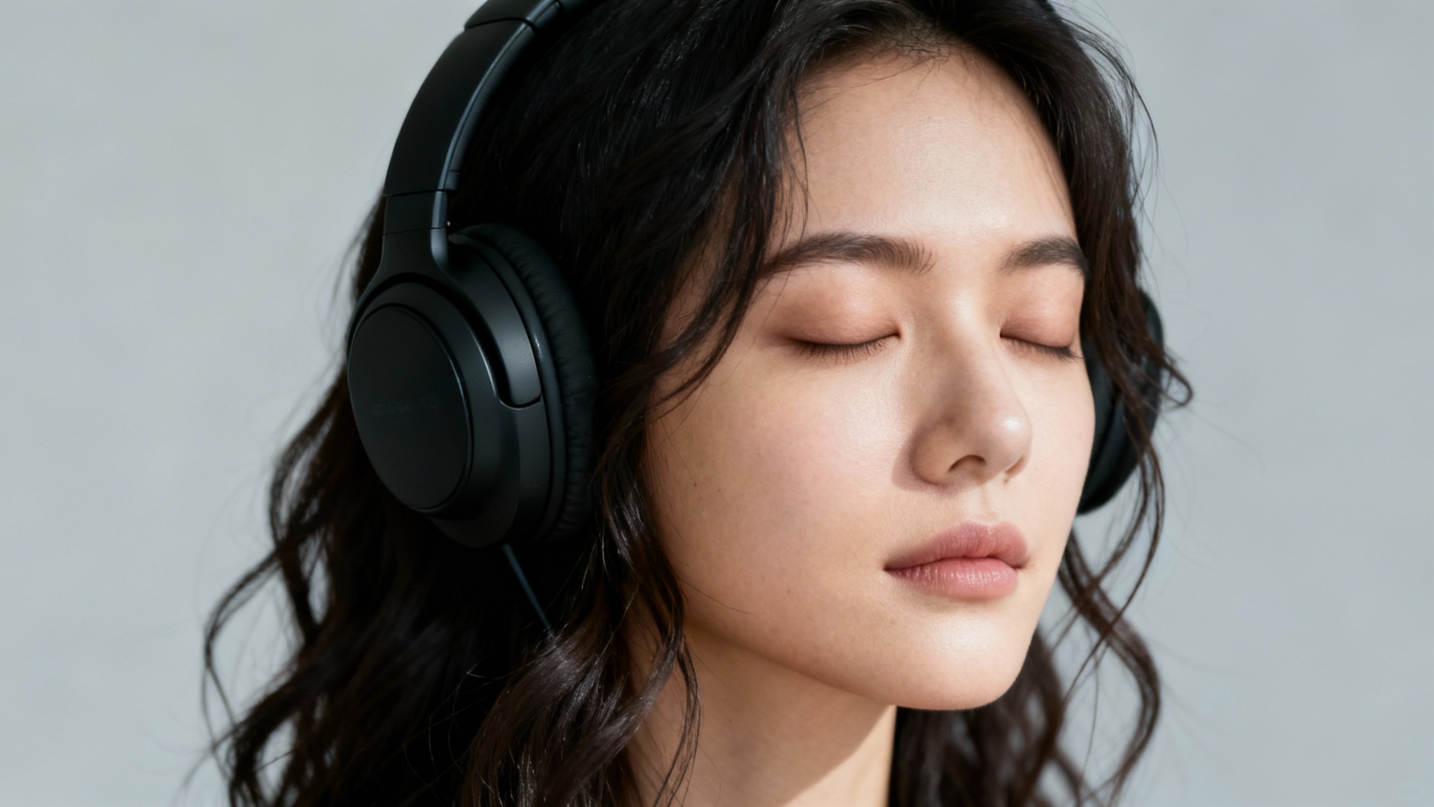 A photorealistic portrait of a young woman with her eyes closed, peacefully listening to music on sleek black over-ear headphones against a plain light grey background.