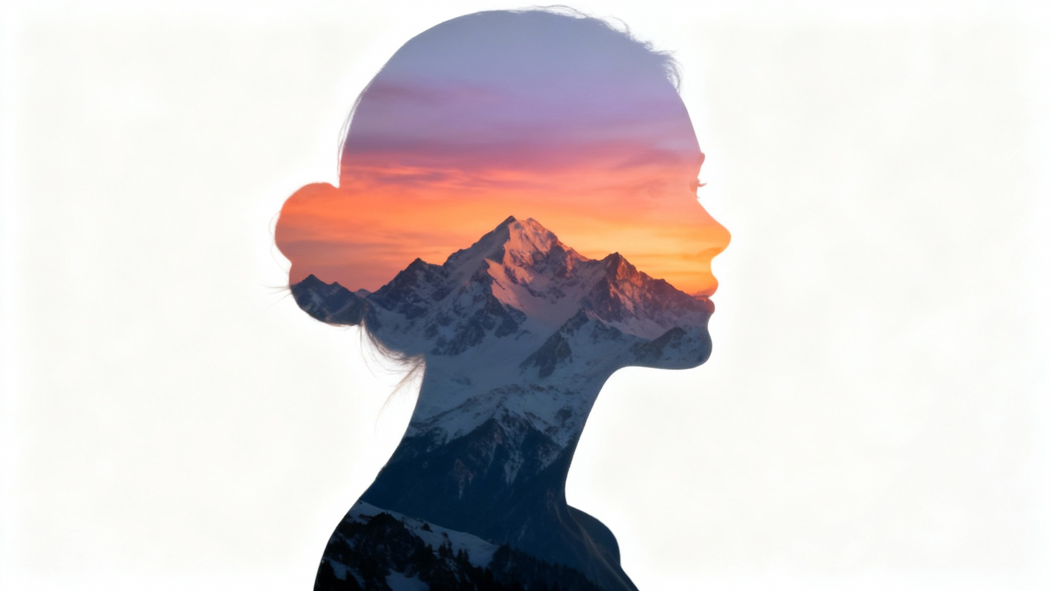A stunning double exposure image showing the silhouette of a woman's profile filled with a majestic mountain range at sunrise. The background is a clean, minimalist white.