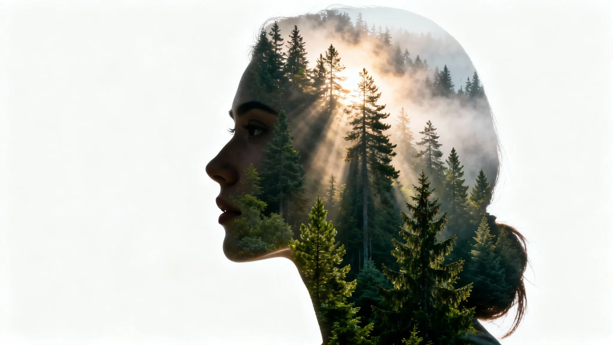 A beautiful double exposure effect showing the silhouette of a woman's profile filled with an image of a sunlit, foggy forest, set against a stark white background.