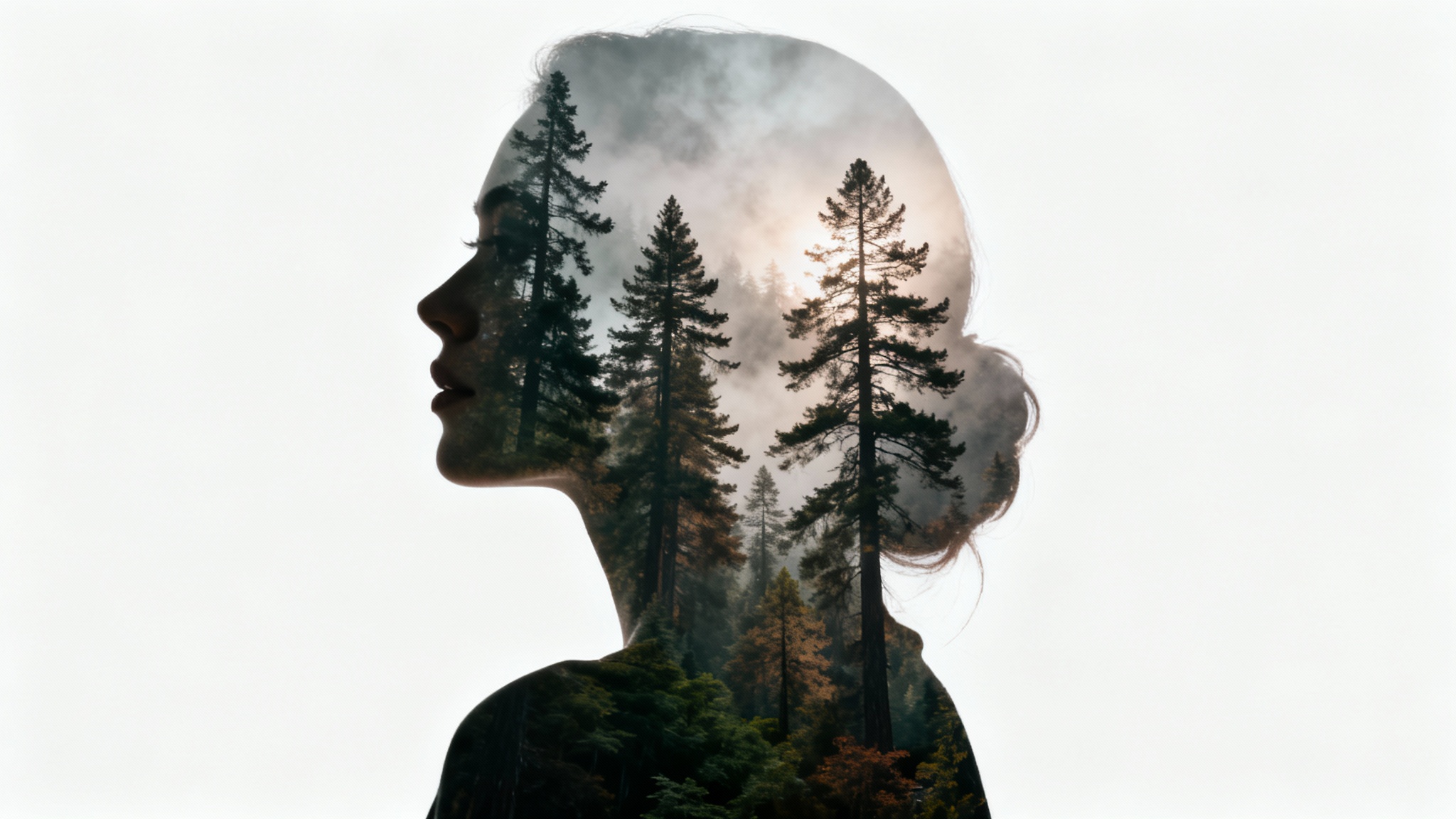 A creative double exposure image featuring the silhouette of a woman's profile filled with a misty and majestic pine forest, set against a plain white background.
