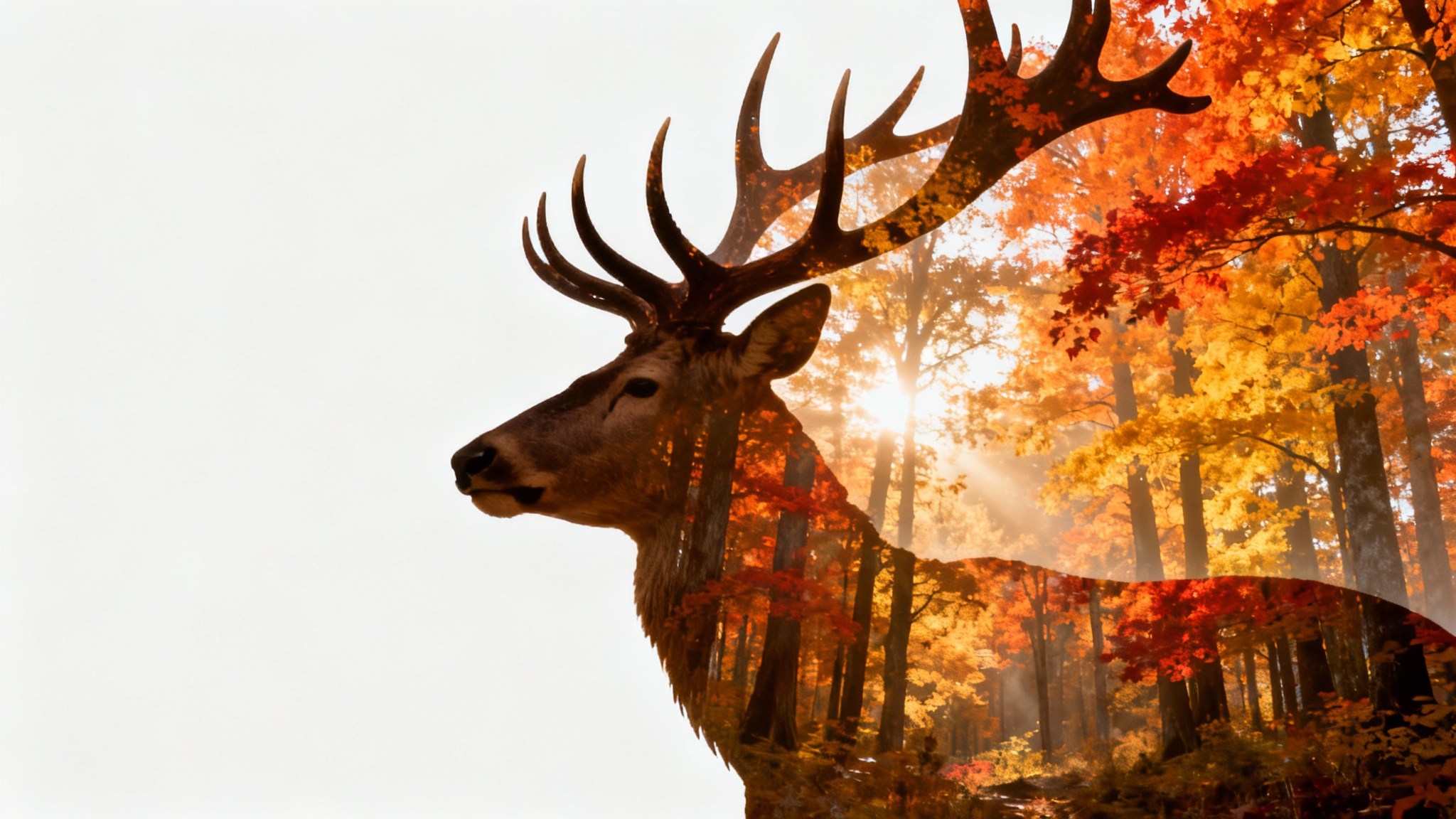 A creative double exposure image showing the silhouette of a stag's head filled with a colorful autumn forest scene, set against a plain white background.