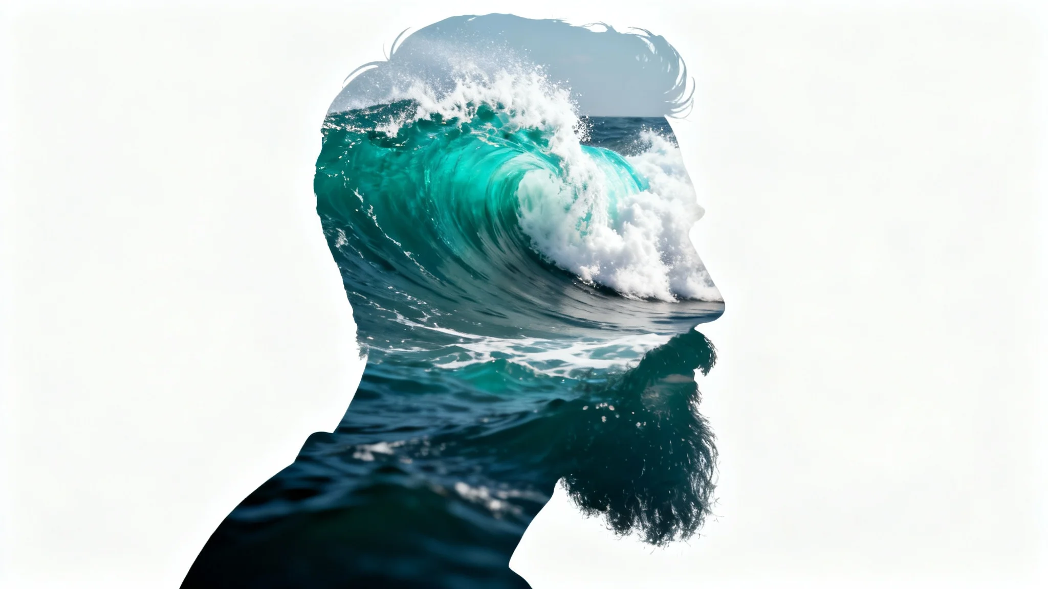 An artistic double exposure photo showing the silhouette of a man's head filled with the image of a crashing ocean wave, set against a plain white background.