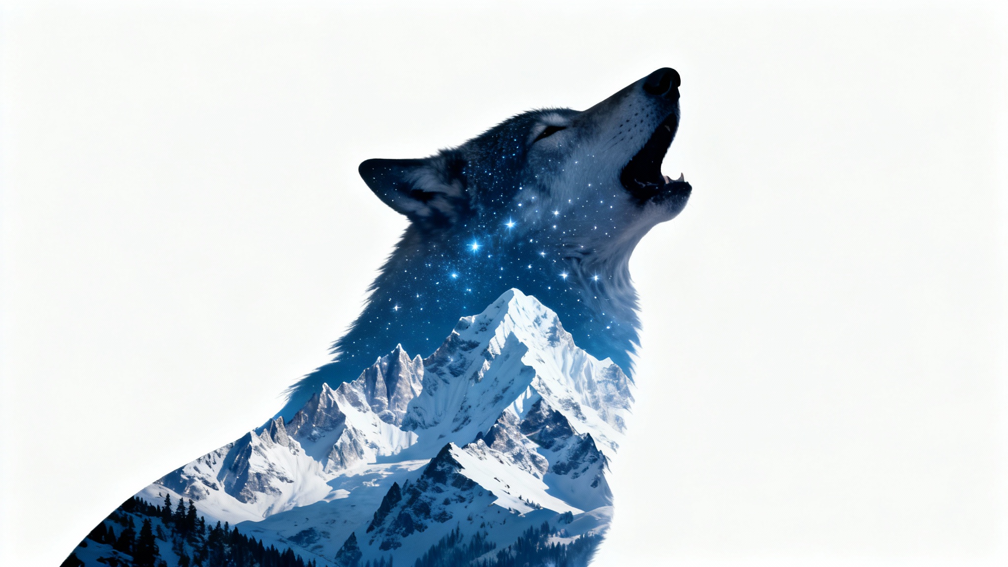 A creative double exposure image showing a silhouette of a howling wolf filled with a snowy mountain landscape at night, isolated on a white background.