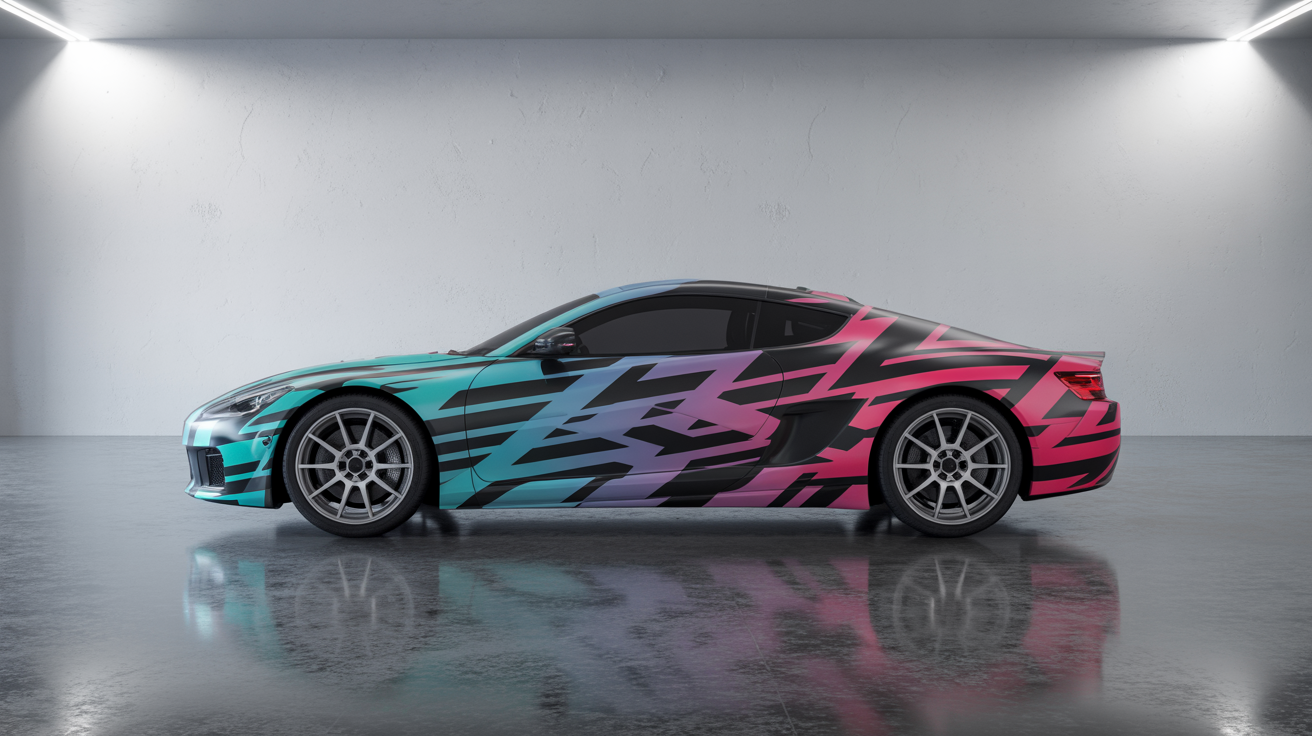 A modern sports car with a vibrant, abstract geometric vehicle wrap in cyan, pink, and black, parked in a minimalist white studio.