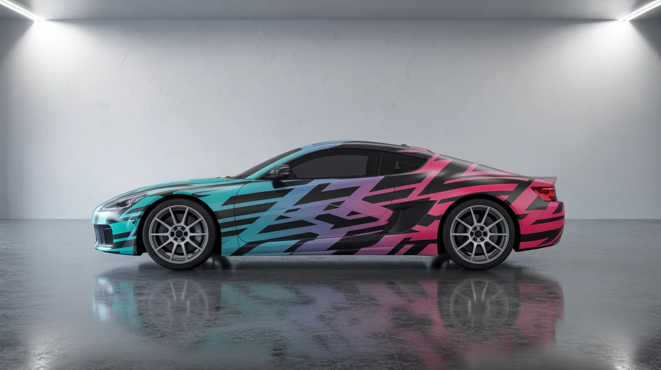 A modern sports car with a vibrant, abstract geometric vehicle wrap in cyan, pink, and black, parked in a minimalist white studio.