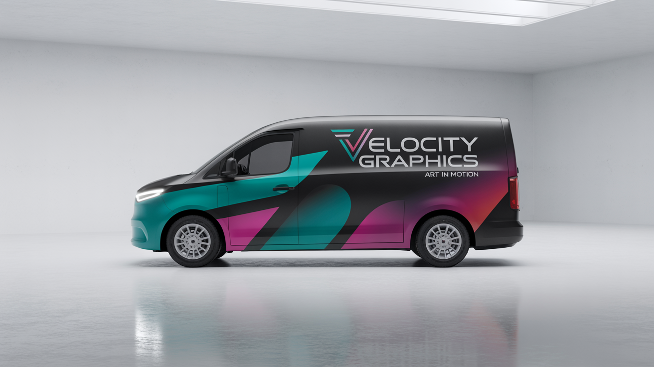 A modern commercial van with a vibrant and geometric vehicle wrap in teal, magenta, and silver. The fictional brand name 'Velocity Graphics' is displayed on the side. The van is in a clean white studio.