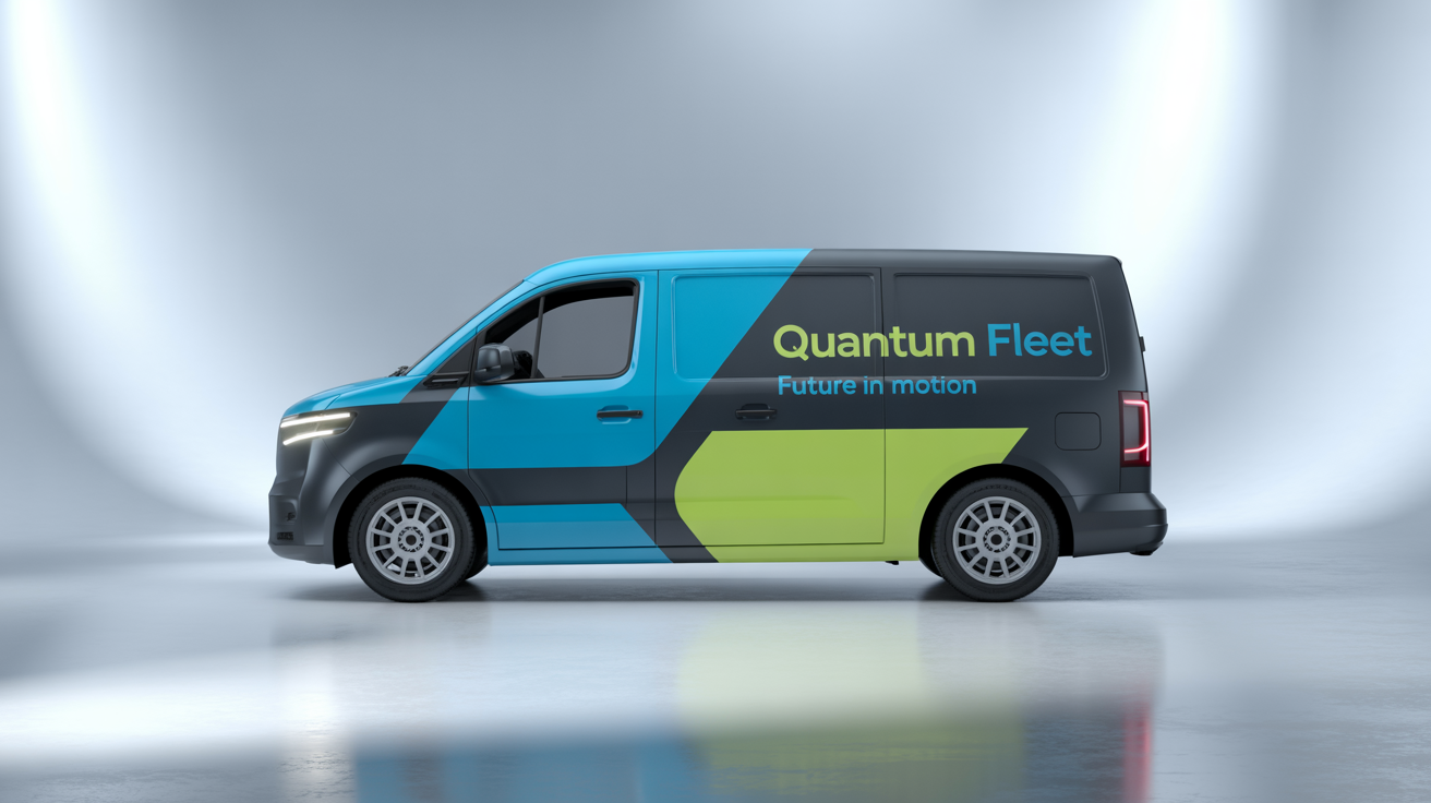 A modern black delivery van with a vibrant blue and green geometric vehicle wrap design for the fictional company 'Quantum Fleet', showcased in a clean studio setting against a white background.
