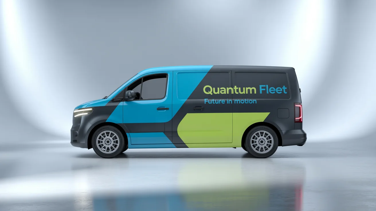 A modern black delivery van with a vibrant blue and green geometric vehicle wrap design for the fictional company 'Quantum Fleet', showcased in a clean studio setting against a white background.