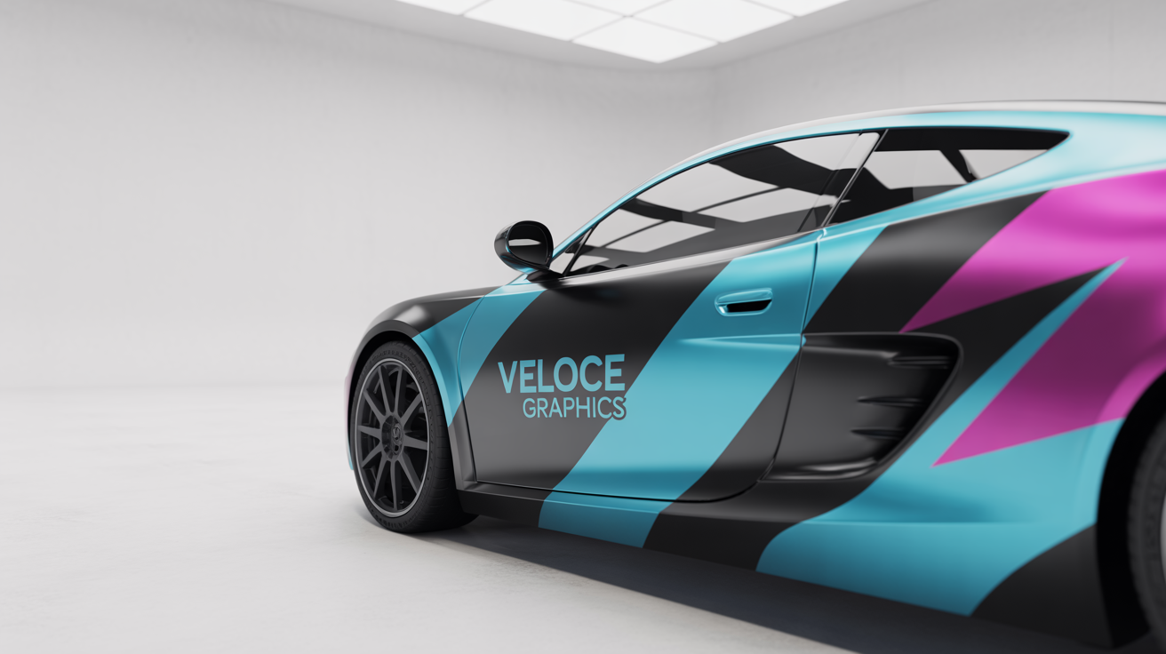 A modern sports car with a custom wrap design featuring abstract geometric patterns in cyan, black, and magenta, displayed in a white studio setting.