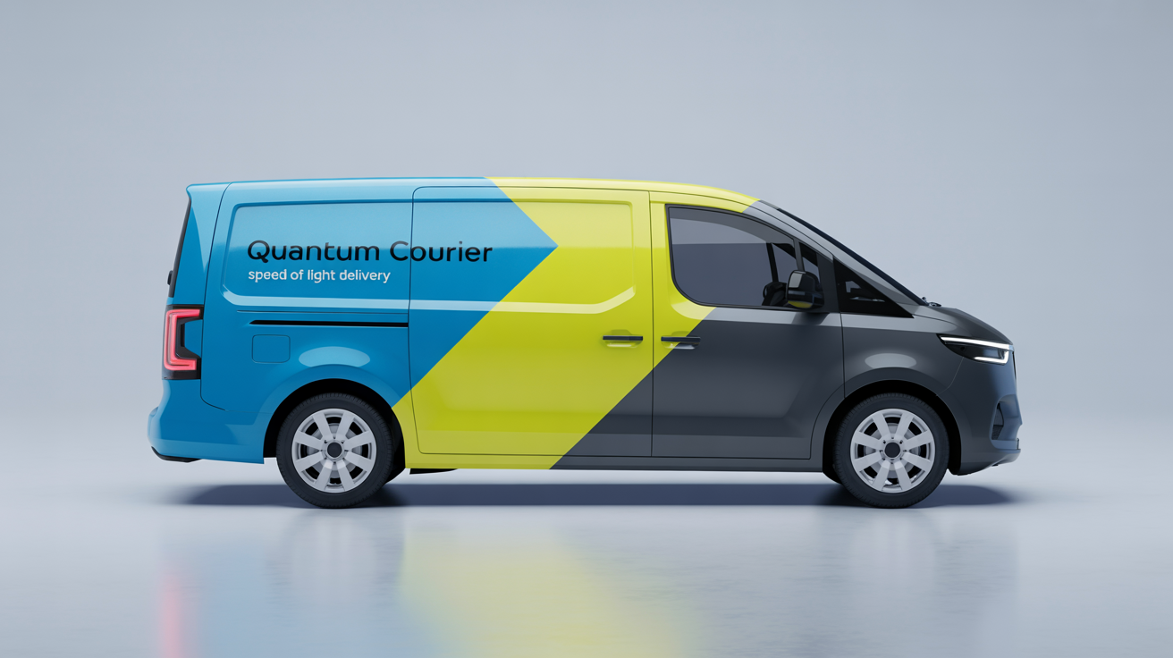 A modern cargo van with a vibrant custom wrap design featuring blue, yellow, and gray geometric shapes. The fictional company name 'Quantum Courier' is clearly visible on the side. The van is displayed in a clean, white studio setting.