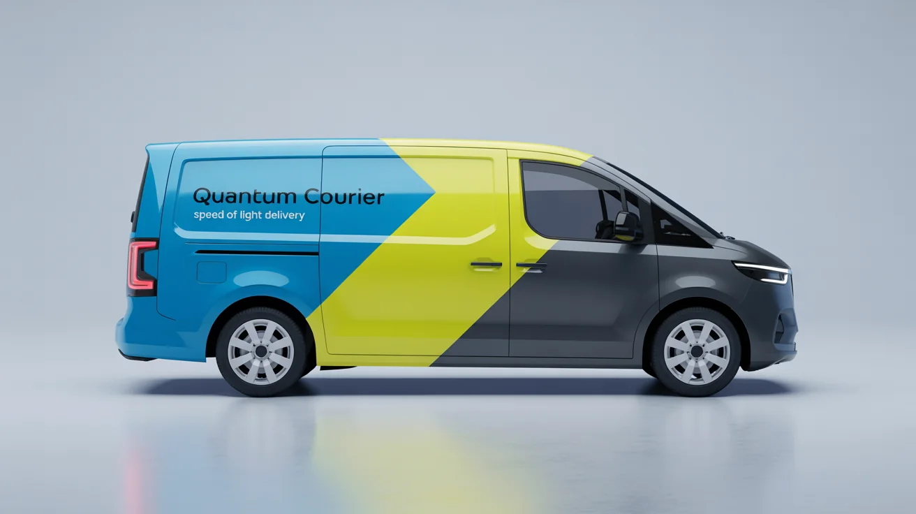A modern cargo van with a vibrant custom wrap design featuring blue, yellow, and gray geometric shapes. The fictional company name 'Quantum Courier' is clearly visible on the side. The van is displayed in a clean, white studio setting.