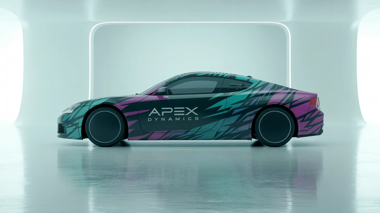 A sleek sports car with a custom vehicle wrap featuring teal, magenta, and black geometric designs. The words "Apex Dynamics" are on the door. The car is in a white studio.