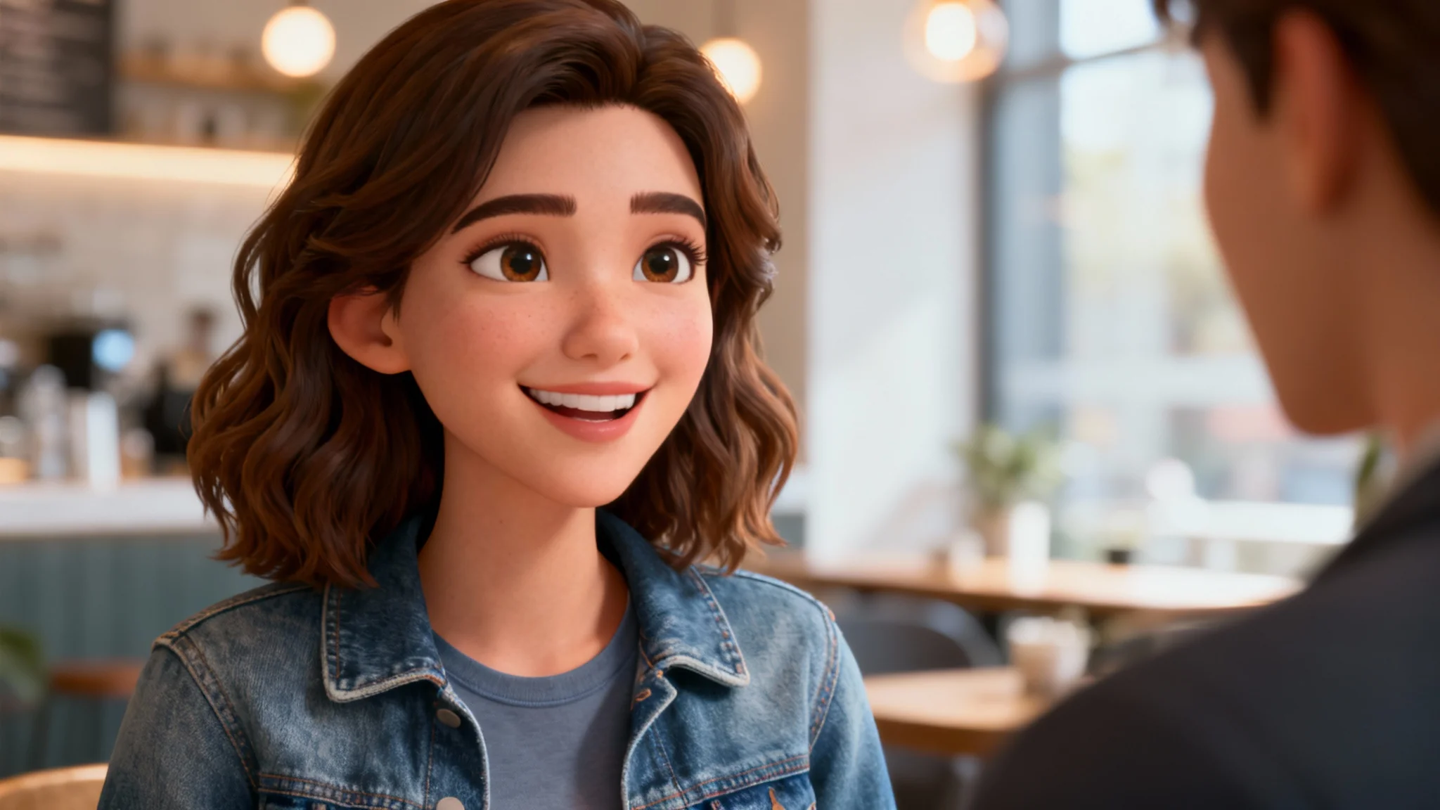 A photorealistic, high-quality still frame of a female AI talking avatar with wavy hair and a friendly smile, wearing a denim jacket in a softly blurred cafe setting.