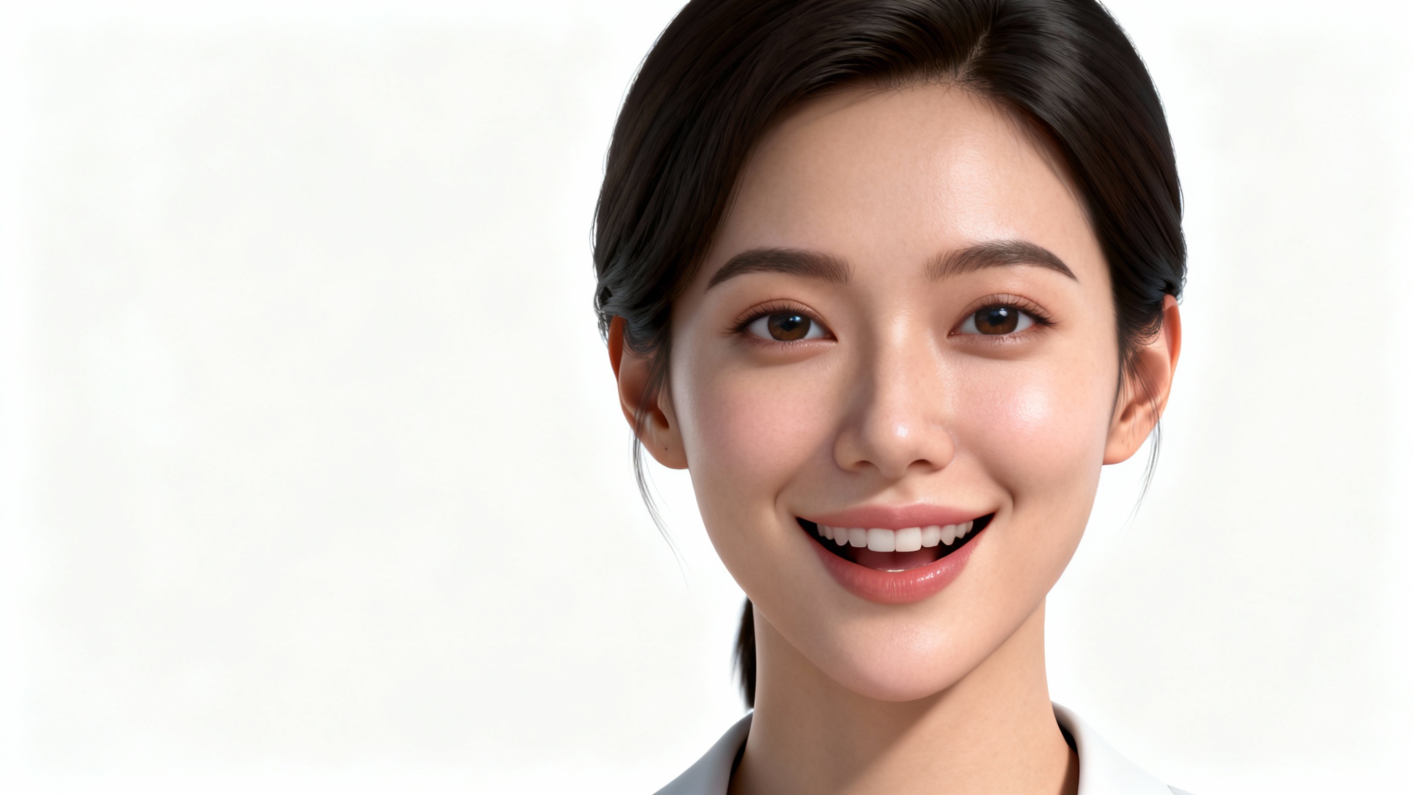 A photorealistic 3D render of a female talking avatar's head and shoulders against a stark white background, her mouth slightly open as if speaking.