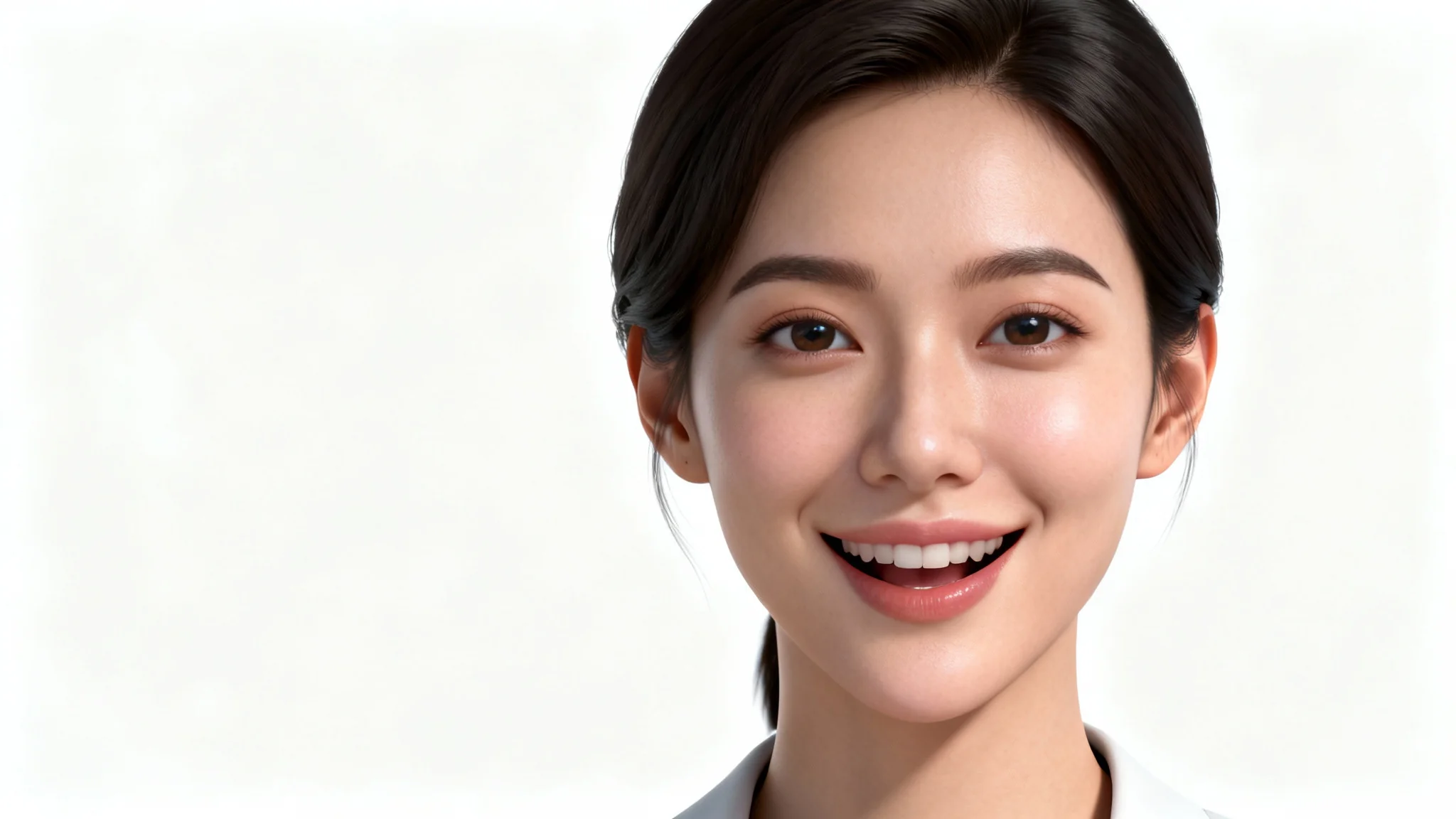 A photorealistic 3D render of a female talking avatar's head and shoulders against a stark white background, her mouth slightly open as if speaking.