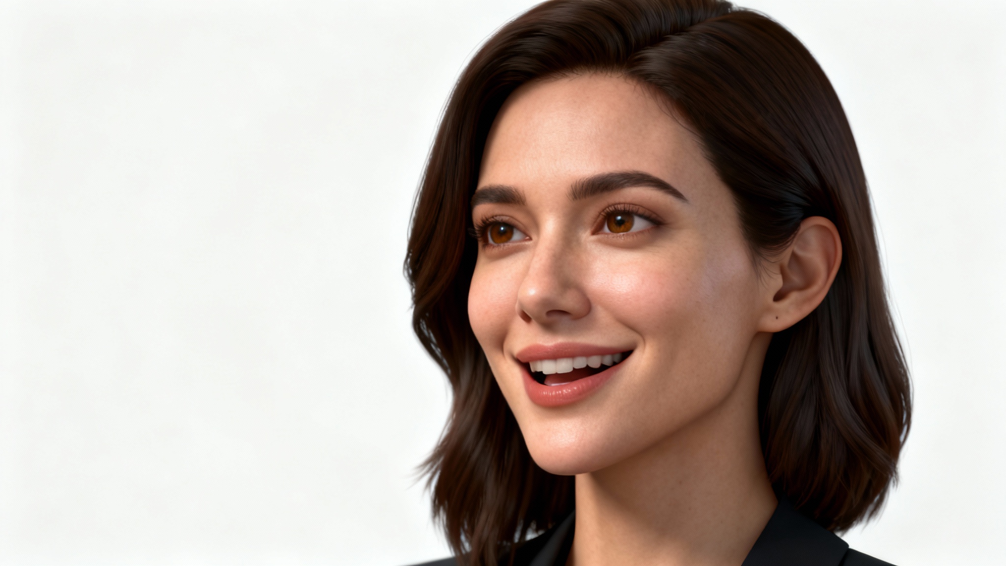 A hyper-realistic digital avatar of a professional woman with dark hair, shown from the shoulders up. She is smiling and appears to be in the middle of speaking, set against a plain white background.