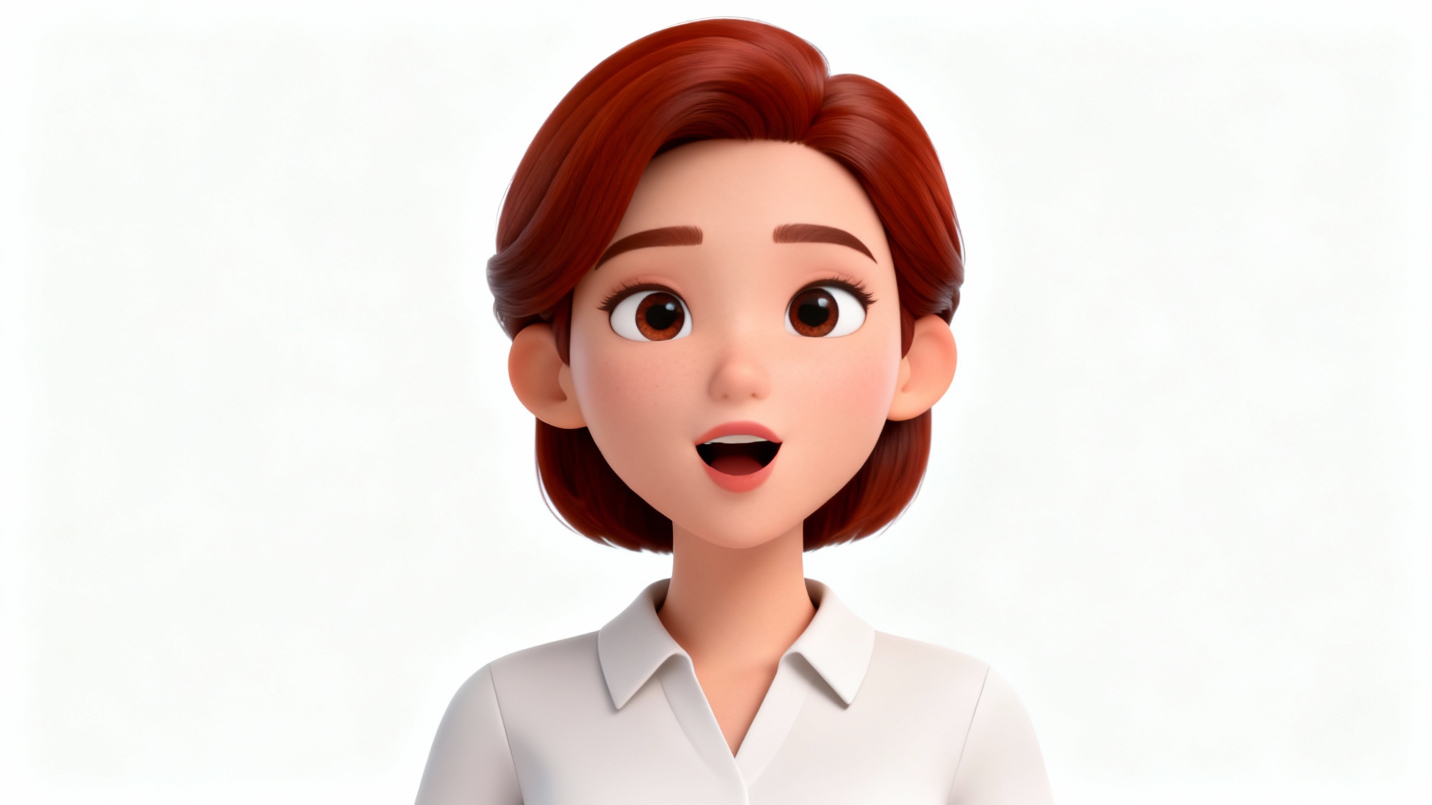 A close-up 3D render of a stylized female talking avatar with auburn hair, smiling and speaking against a plain white background.