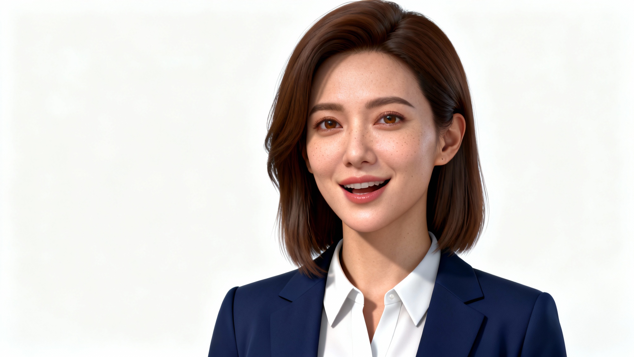 A photorealistic digital avatar of a professional woman with brown hair, wearing a blue blazer, shown from the chest up against a white background. Her mouth is slightly open, as if she is speaking.
