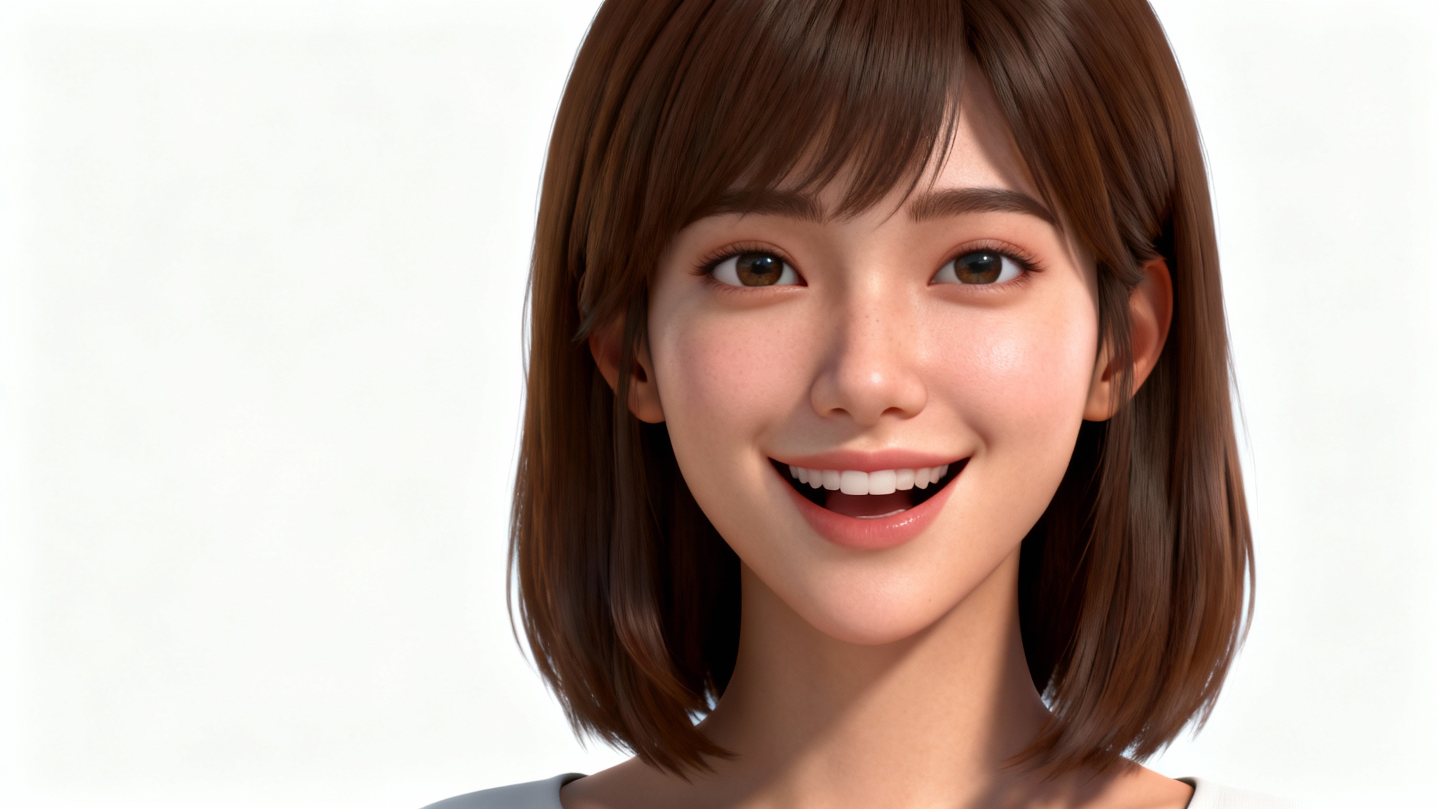 A photorealistic mockup of a female talking avatar, shown from the chest up against a plain white background, smiling and appearing to speak directly to the viewer.