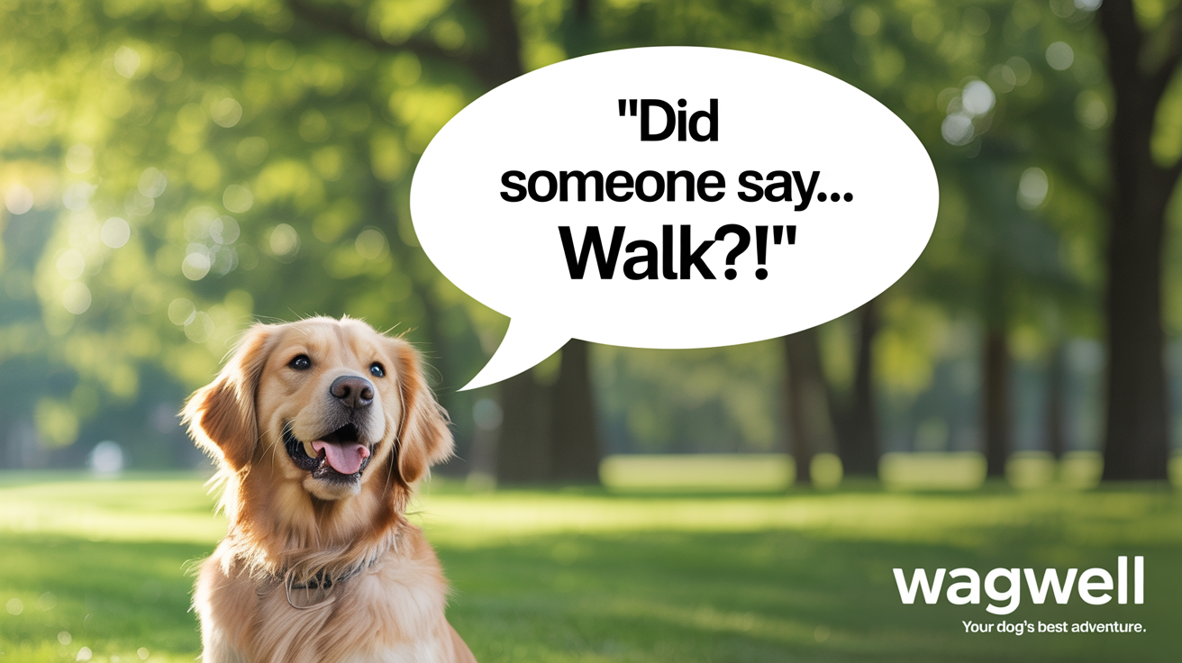 A photo of a happy golden retriever in a park with a speech bubble above its head that reads 'Did someone say... walk?!', showing the final result of adding a speech bubble to a photo.