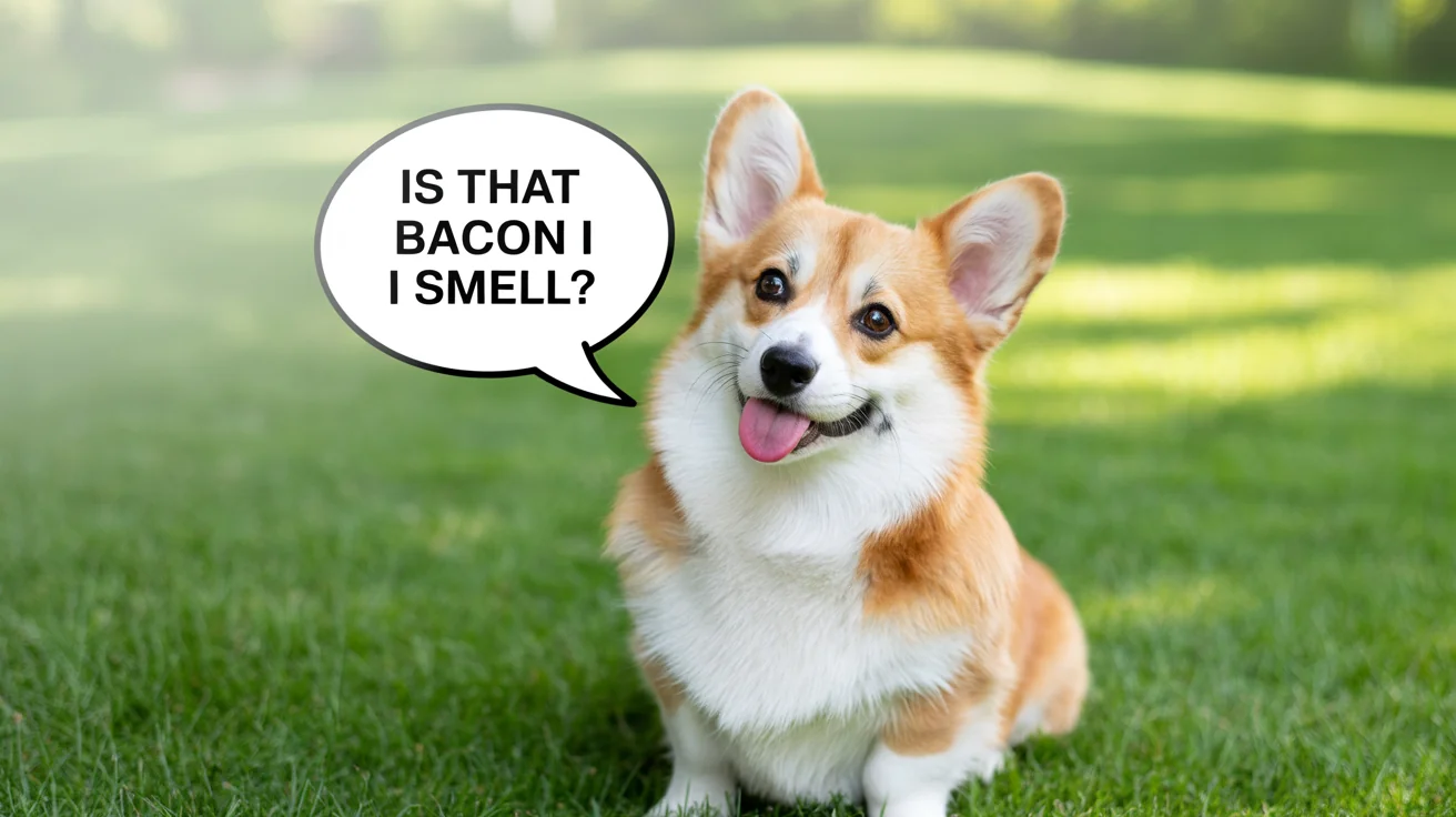 A photo of a happy Corgi dog on a lawn with a speech bubble added above its head that reads 'Is that bacon I smell?'.