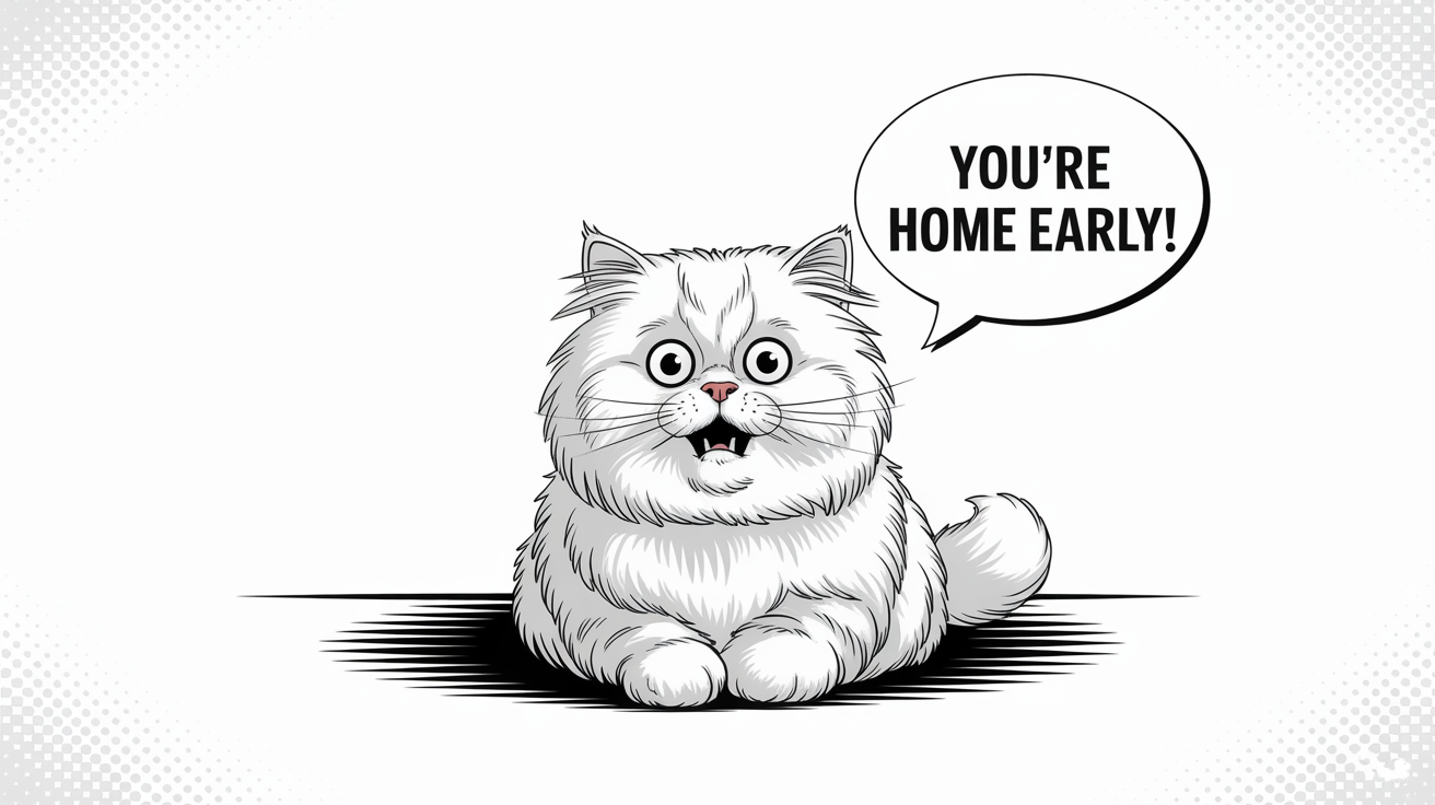 A mockup photo of a surprised cat with a speech bubble added that says, 'You're home early!', demonstrating the ability to add speech bubbles to photos.