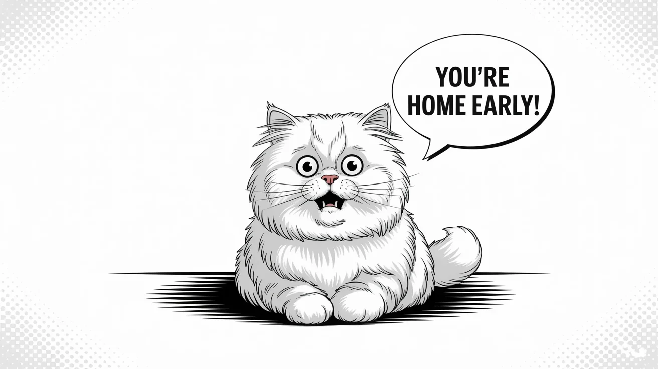 A mockup photo of a surprised cat with a speech bubble added that says, 'You're home early!', demonstrating the ability to add speech bubbles to photos.