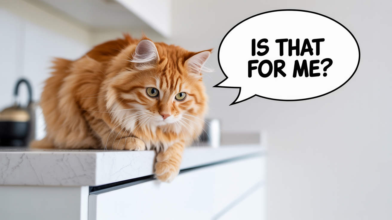 A photorealistic mockup of a ginger cat peeking over a counter with a speech bubble next to its head that reads 'Is that for me?', demonstrating the speech bubble feature.