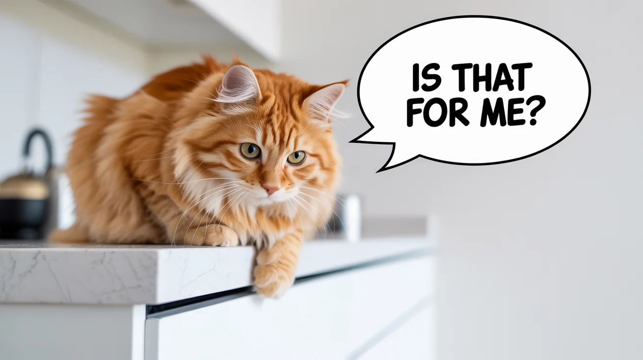 A photorealistic mockup of a ginger cat peeking over a counter with a speech bubble next to its head that reads 'Is that for me?', demonstrating the speech bubble feature.