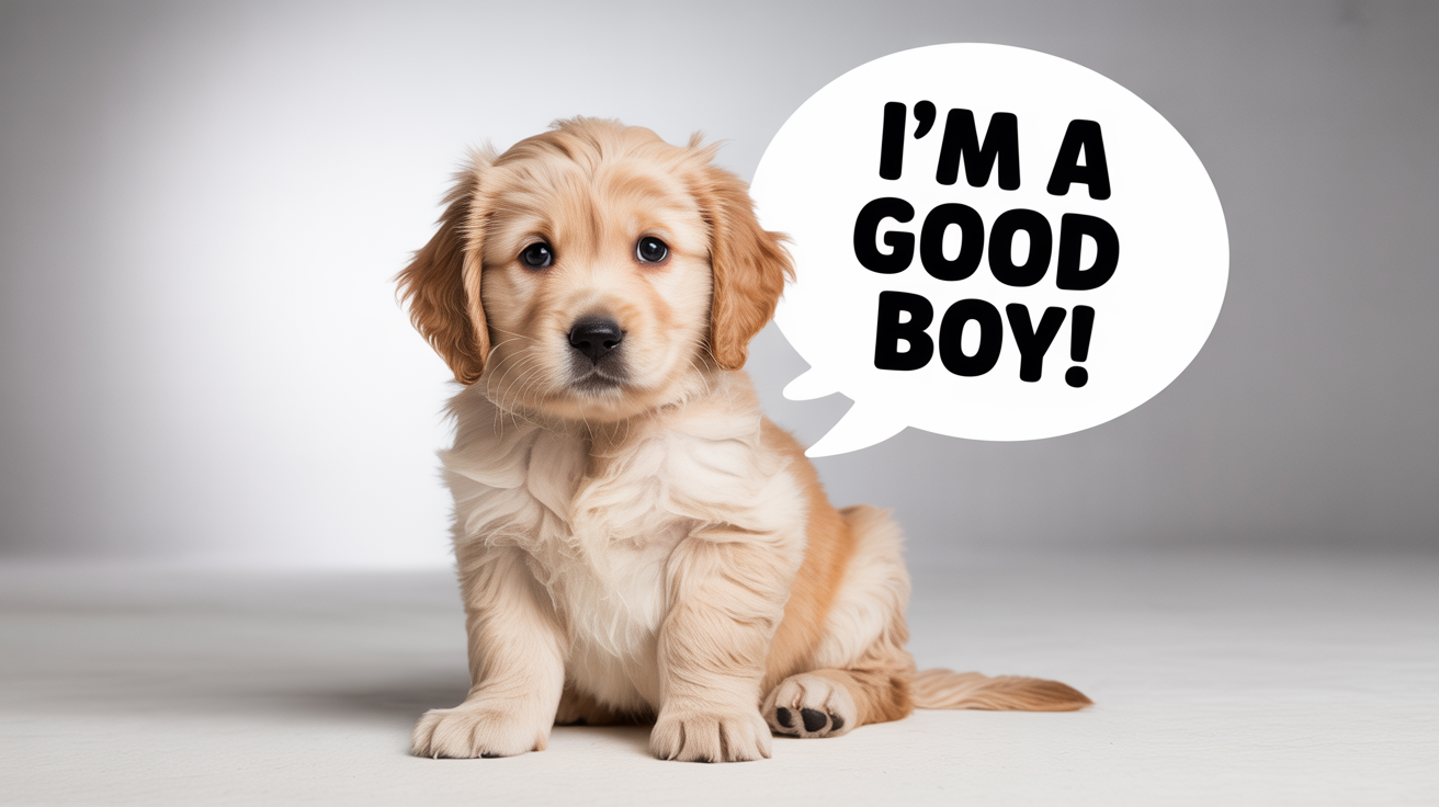 A photorealistic image of a golden retriever puppy on a white background with a speech bubble added that says, 'I'm a good boy!'.