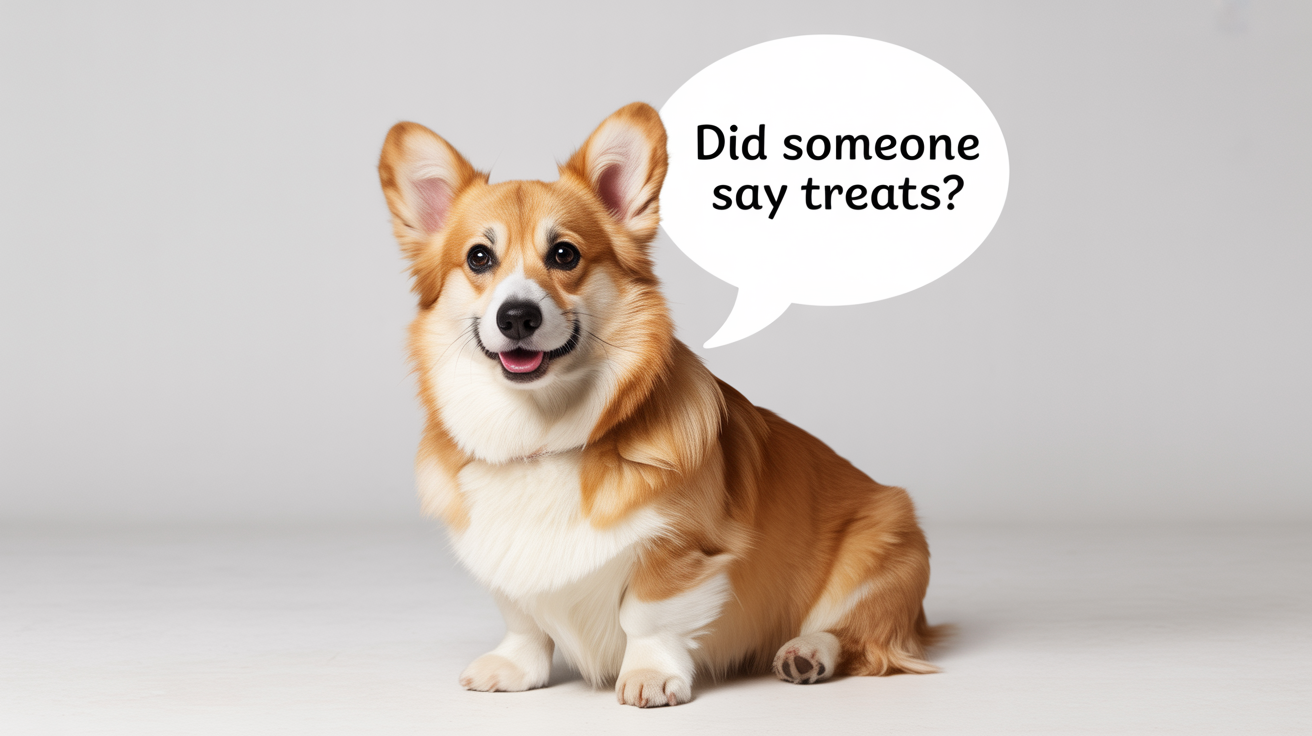 A cute Corgi dog looking at the camera with a happy expression, with a speech bubble next to it that says 'Did someone say treats?'. The background is plain white.