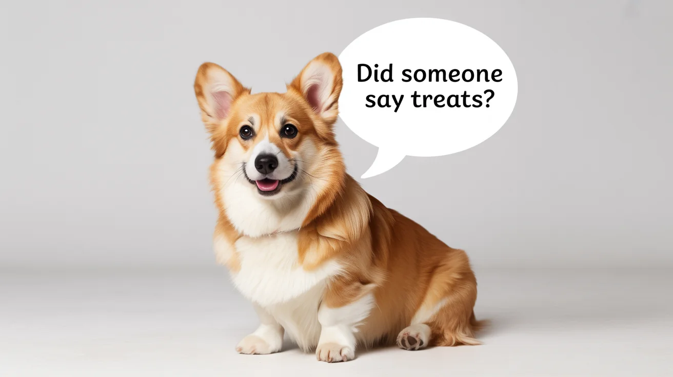 A cute Corgi dog looking at the camera with a happy expression, with a speech bubble next to it that says 'Did someone say treats?'. The background is plain white.