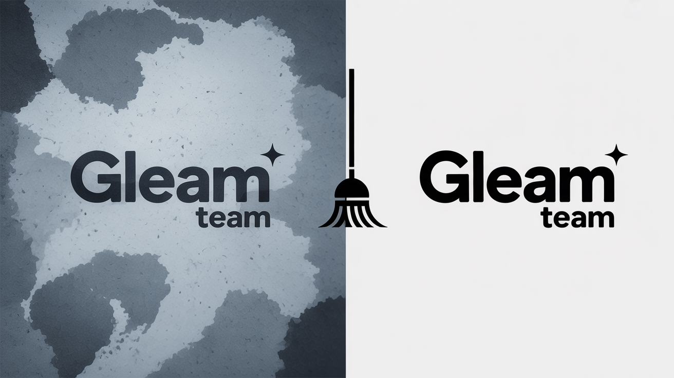 A side-by-side comparison showing a logo for 'Gleam Team' being cleaned. The 'before' side on the left is blurry and pixelated. The 'after' side on the right is crisp, clean, and high-resolution.