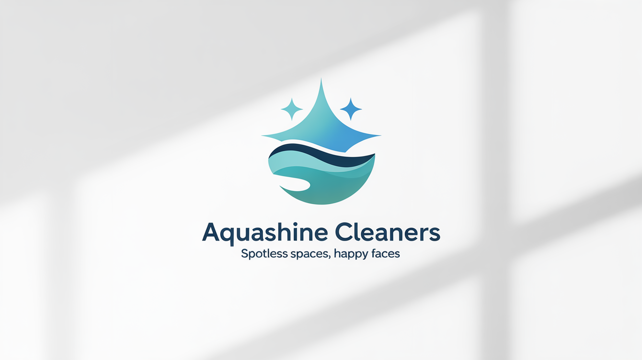 A professional logo for a cleaning company named 'AquaShine Cleaners', featuring a blue and teal icon of a sparkle and a swoosh. The logo is displayed on a clean white background.