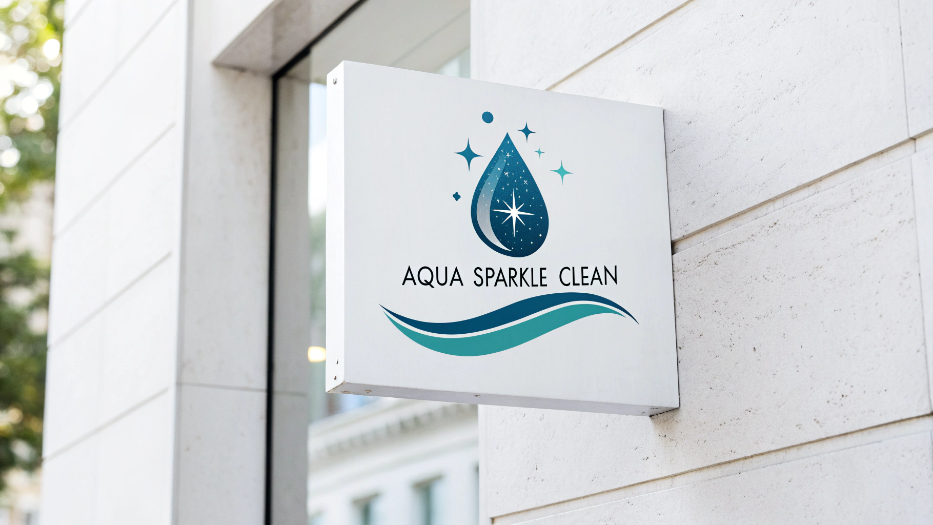 A professional logo mockup for a cleaning company named 'Aqua Sparkle Clean', featuring a blue and green icon of a sparkling water drop on a white background.