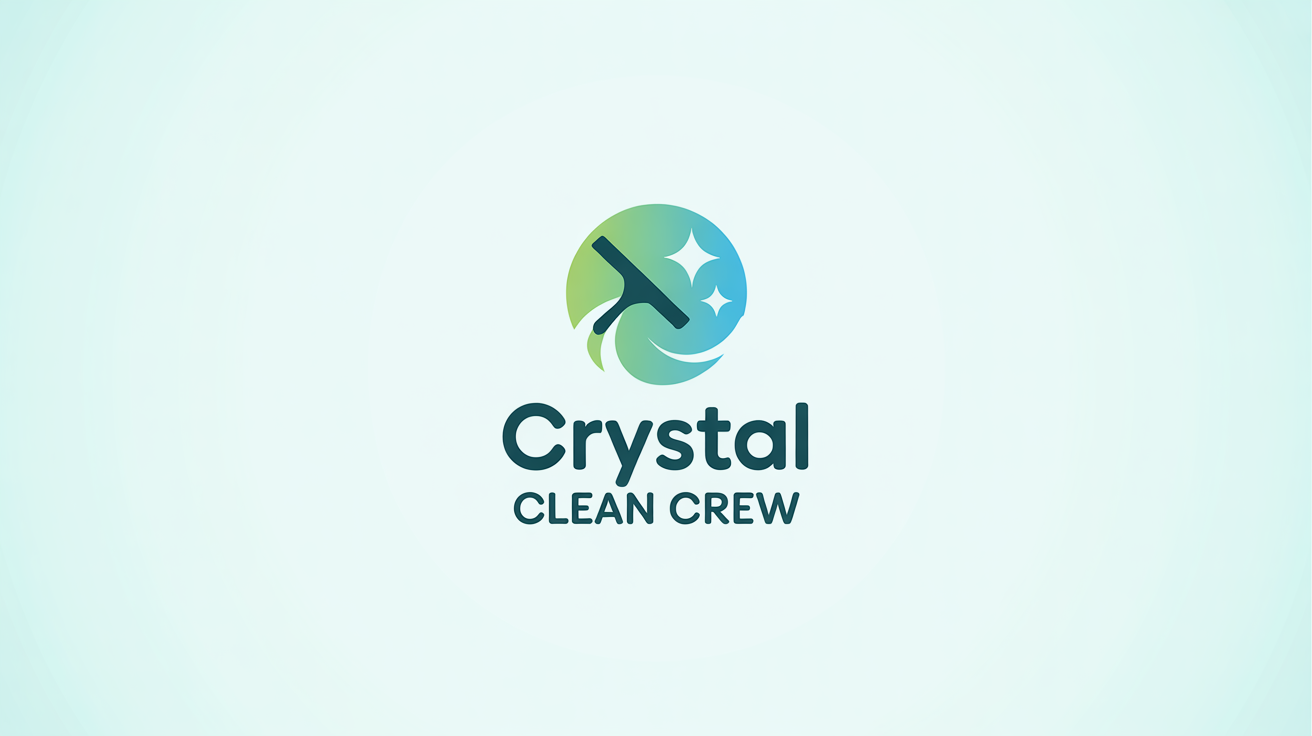 A modern logo for a cleaning company named 'Crystal Clean Crew', featuring a teal and green circular emblem with a squeegee and a sparkle, set against a solid white background.