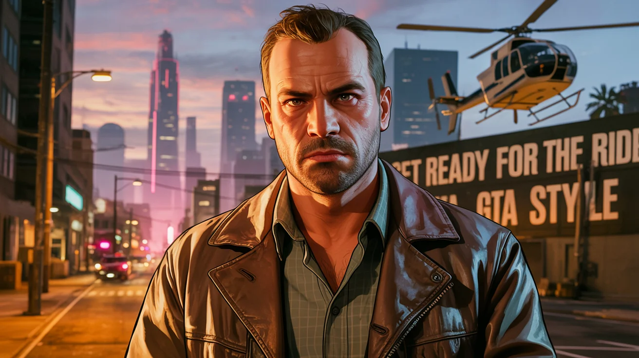 A finished artwork in the Grand Theft Auto art style, showing a character in a leather jacket against a neon city skyline with text that reads 'GET READY FOR THE RIDE' and 'GTA STYLE'.