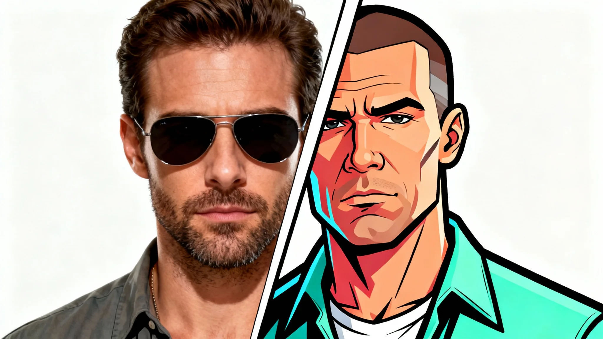 A man's portrait is split in half: the left side is a realistic photograph, and the right side is transformed into the stylized, cartoonish art style of the Grand Theft Auto video games, showing a before and after effect.