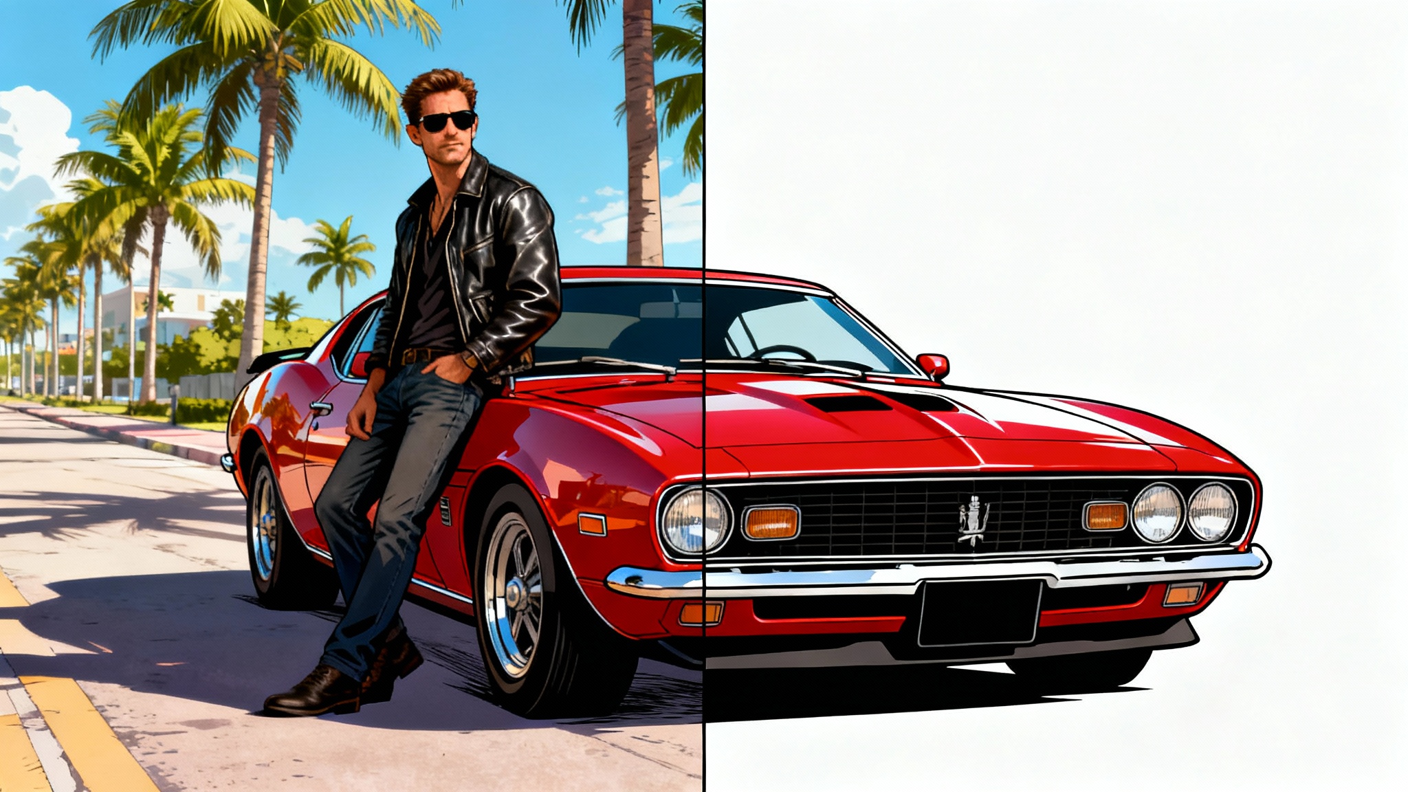A before-and-after comparison image demonstrating a photo being converted into the GTA art style. The left side is a realistic photo of a man and a sports car, and the right side is the same scene in a stylized, cartoonish video game art style.
