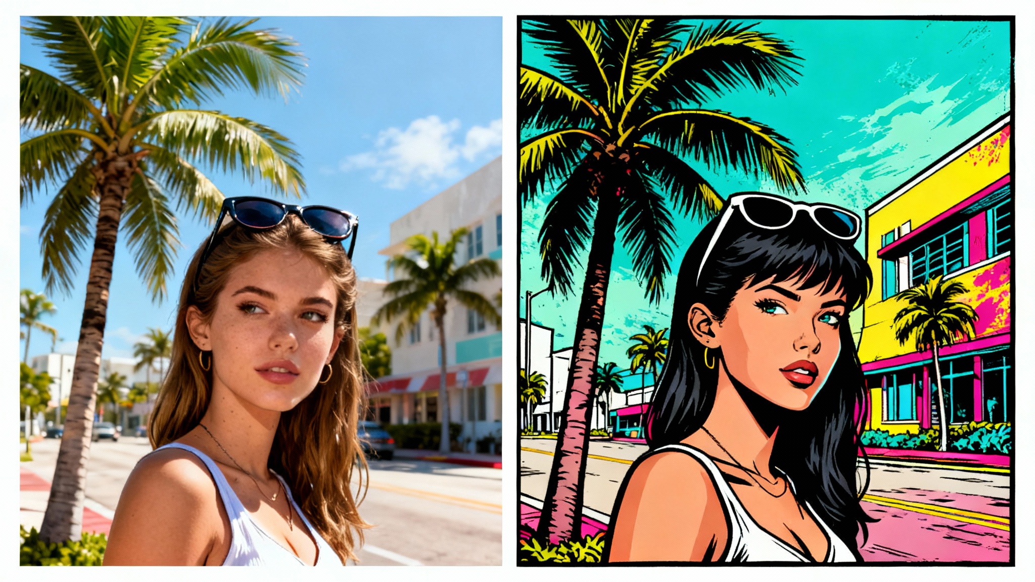 A split-screen image demonstrating a conversion to GTA style. The left side is a realistic photo of a woman on a sunny street, while the right side shows the same image in the bold, graphic art style of Grand Theft Auto.